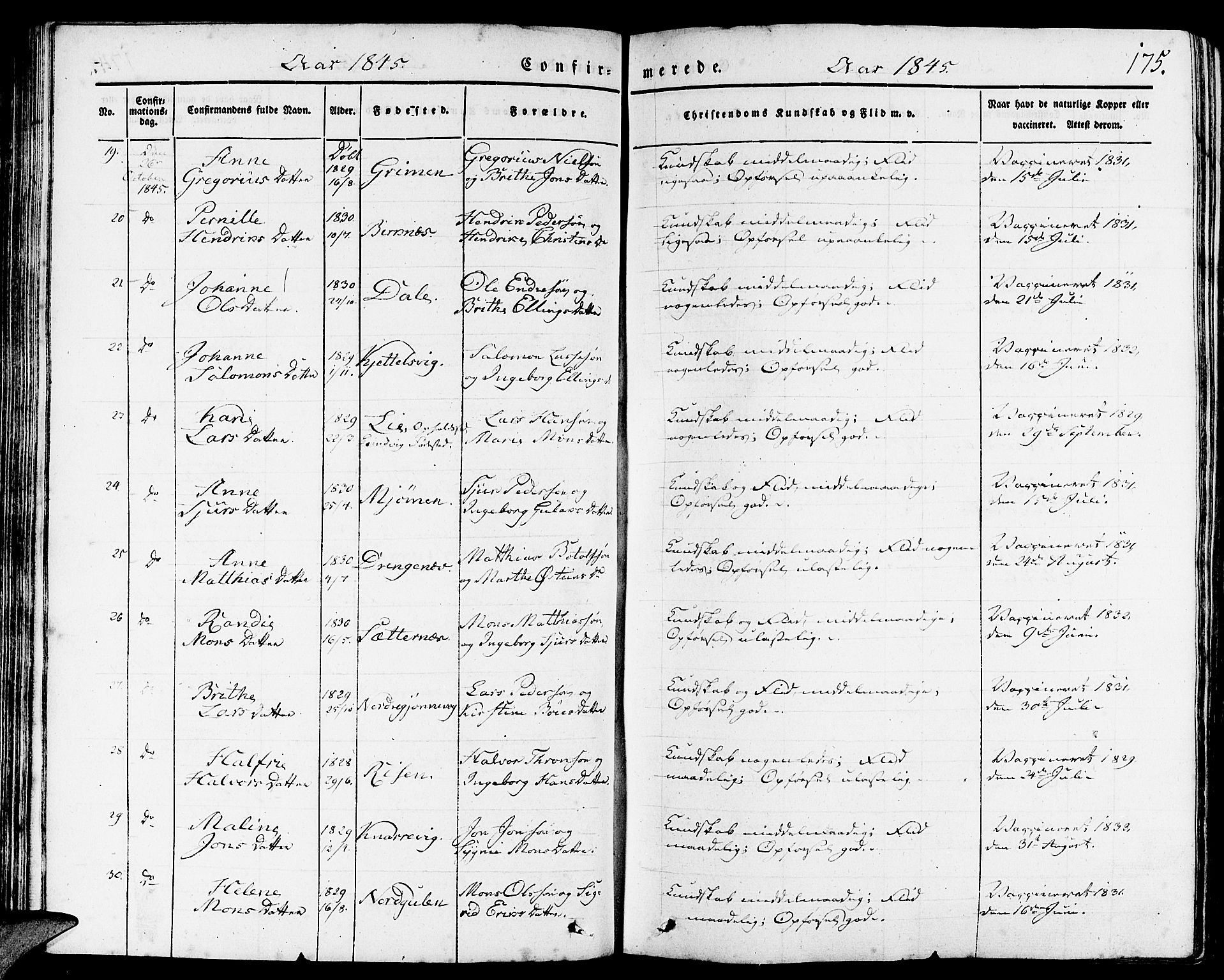 Gulen sokneprestembete, AV/SAB-A-80201/H/Haa/Haaa/L0020: Parish register (official) no. A 20, 1837-1847, p. 175