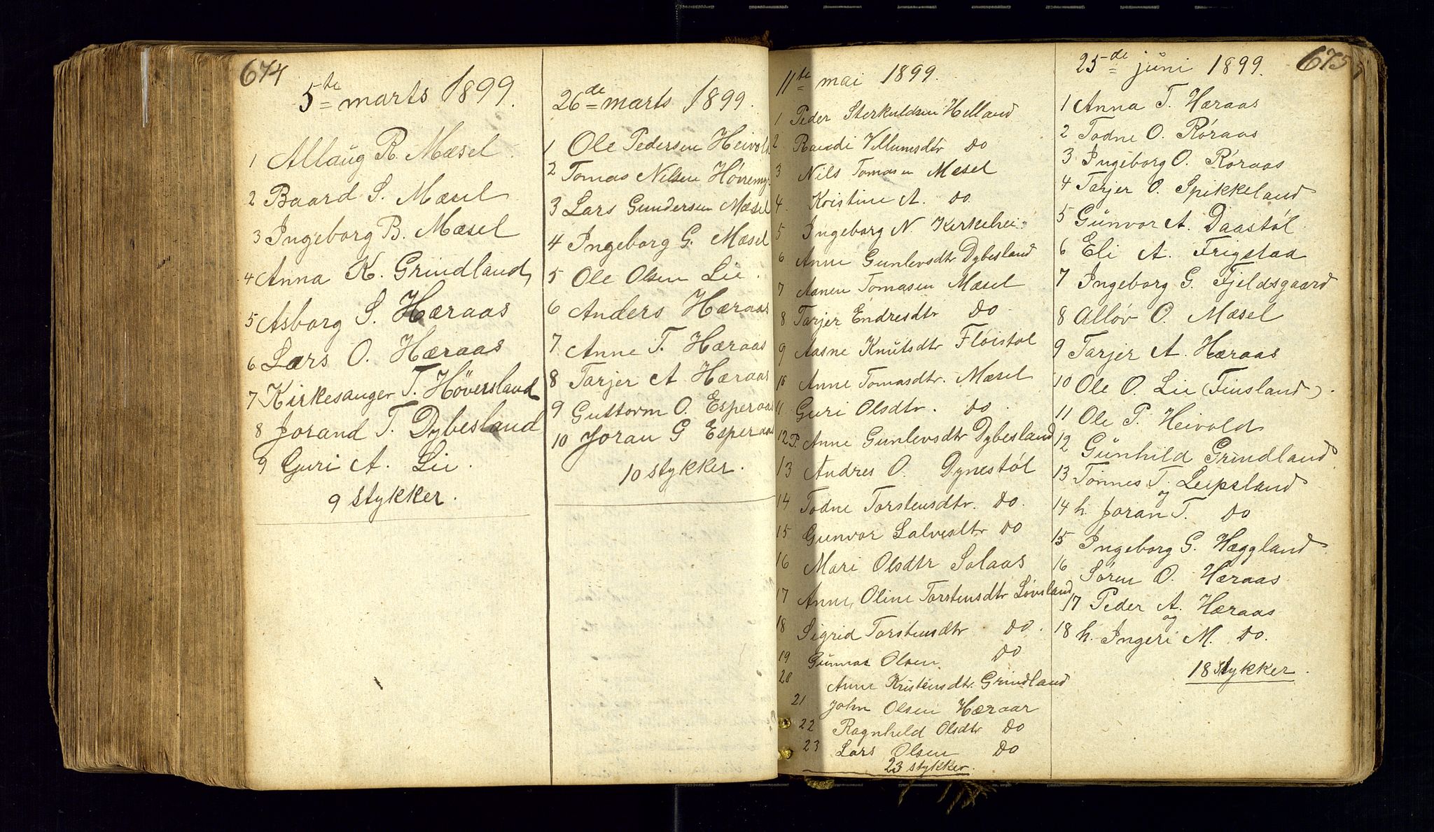 Bjelland sokneprestkontor, SAK/1111-0005/F/Fc/Fcb/L0001: Communicants register no. C-1, 1827-1906, p. 674-675