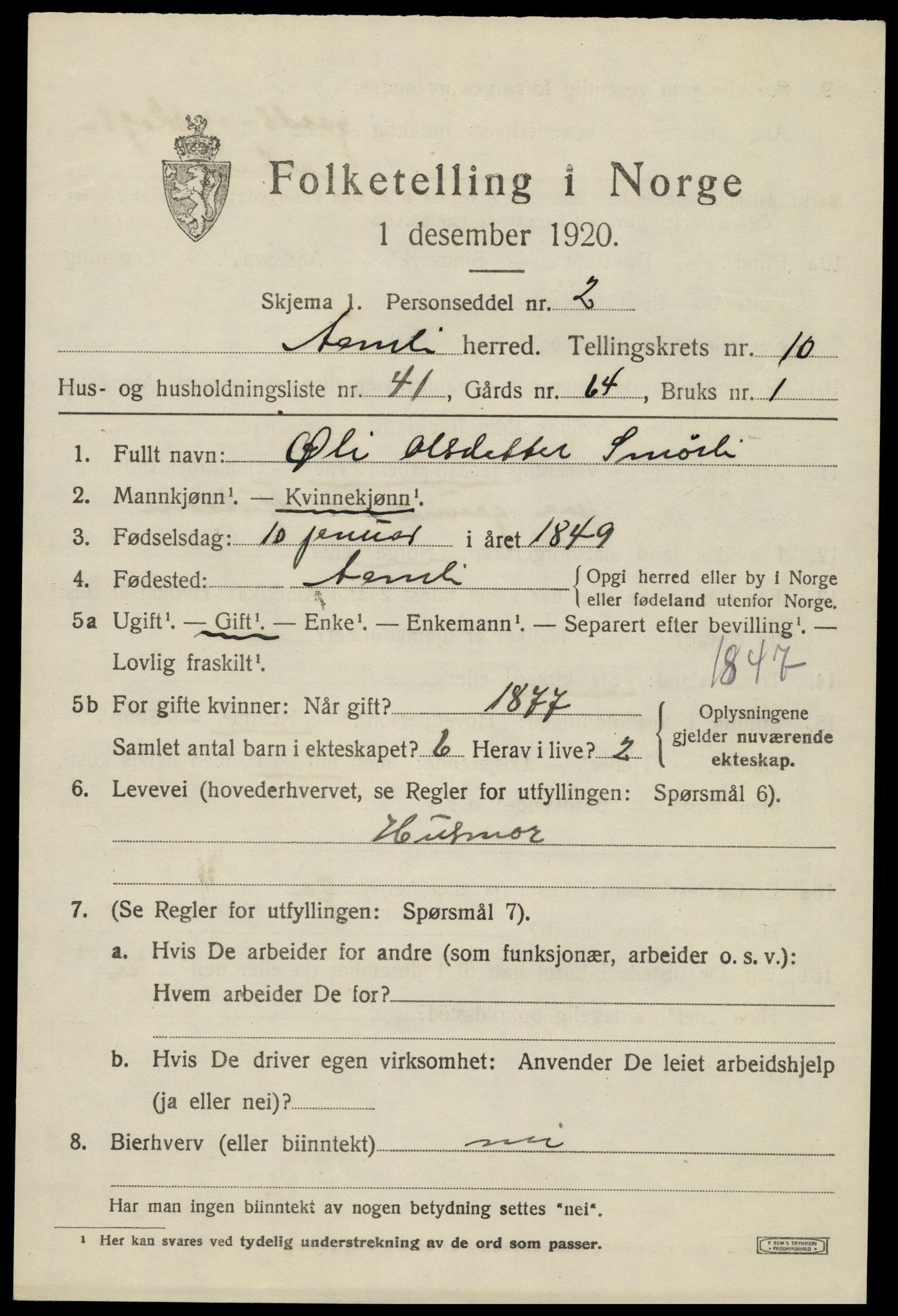 SAK, 1920 census for Åmli, 1920, p. 4195