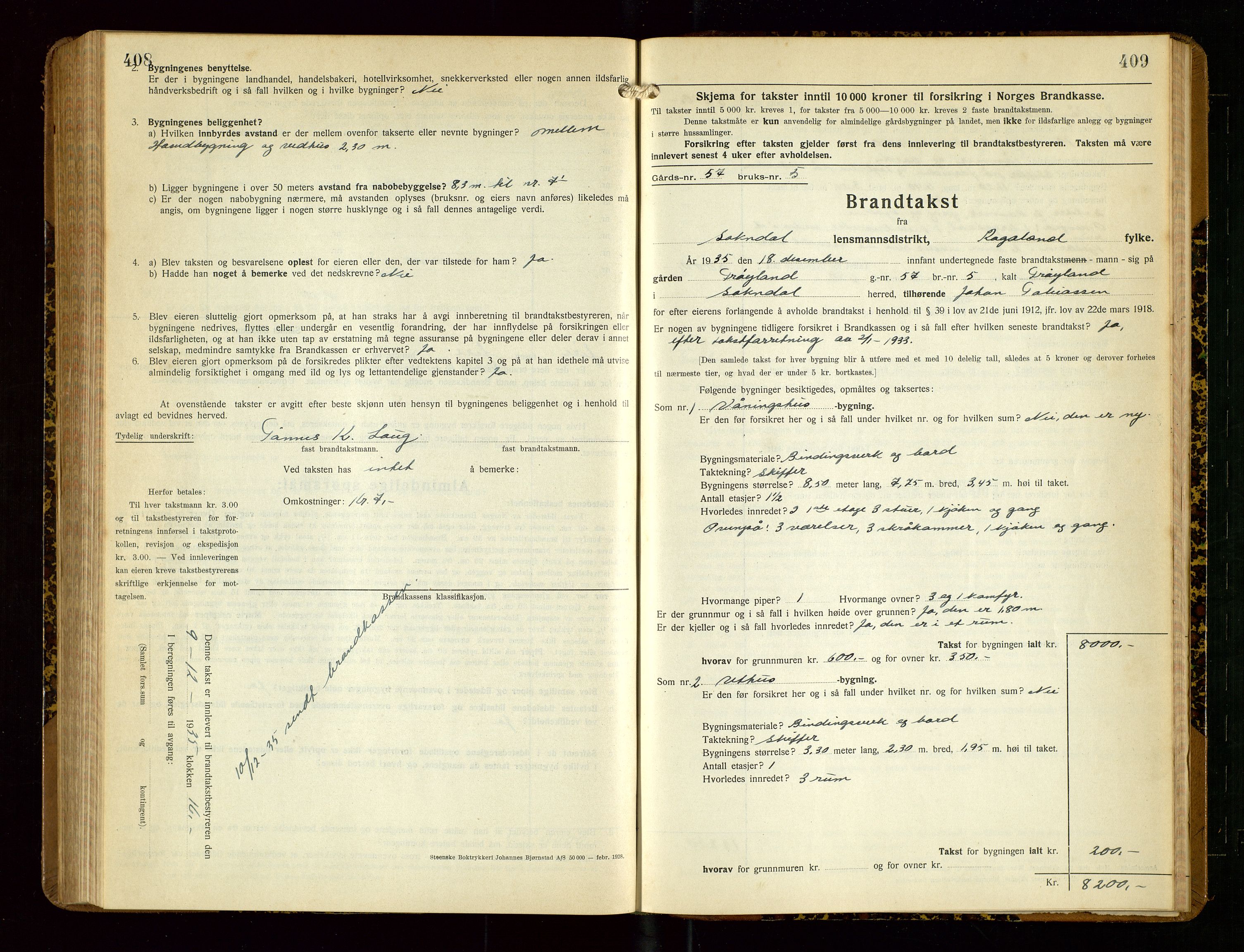 Sokndal lensmannskontor, SAST/A-100417/Gob/L0007: "Brandtakst-Protokoll", 1930-1936, p. 408-409