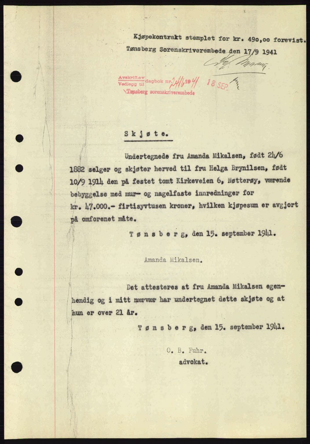 Tønsberg sorenskriveri, AV/SAKO-A-130/G/Ga/Gaa/L0010: Mortgage book no. A10, 1941-1941, Diary no: : 2416/1941