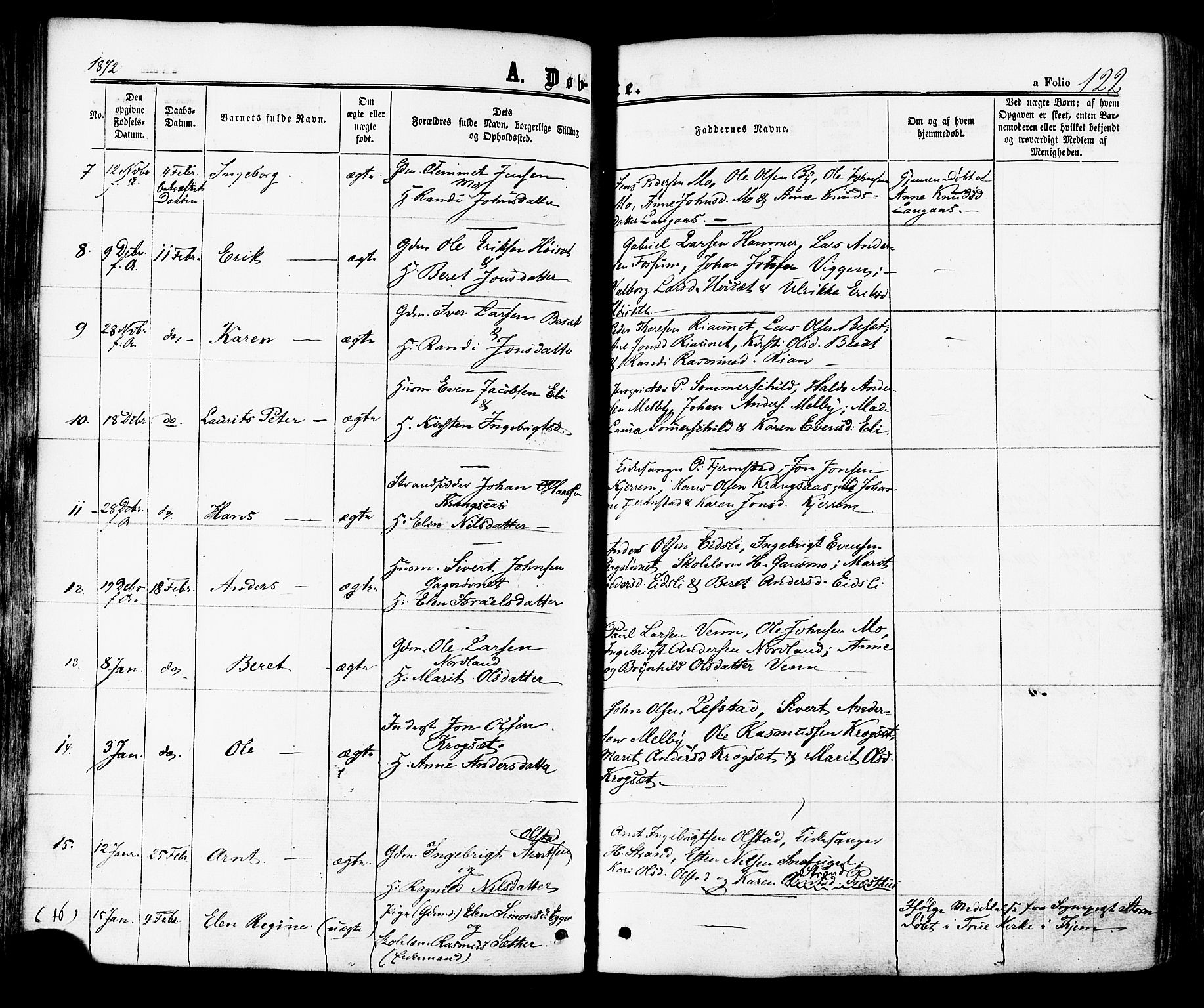 Ministerialprotokoller, klokkerbøker og fødselsregistre - Sør-Trøndelag, SAT/A-1456/665/L0772: Parish register (official) no. 665A07, 1856-1878, p. 122
