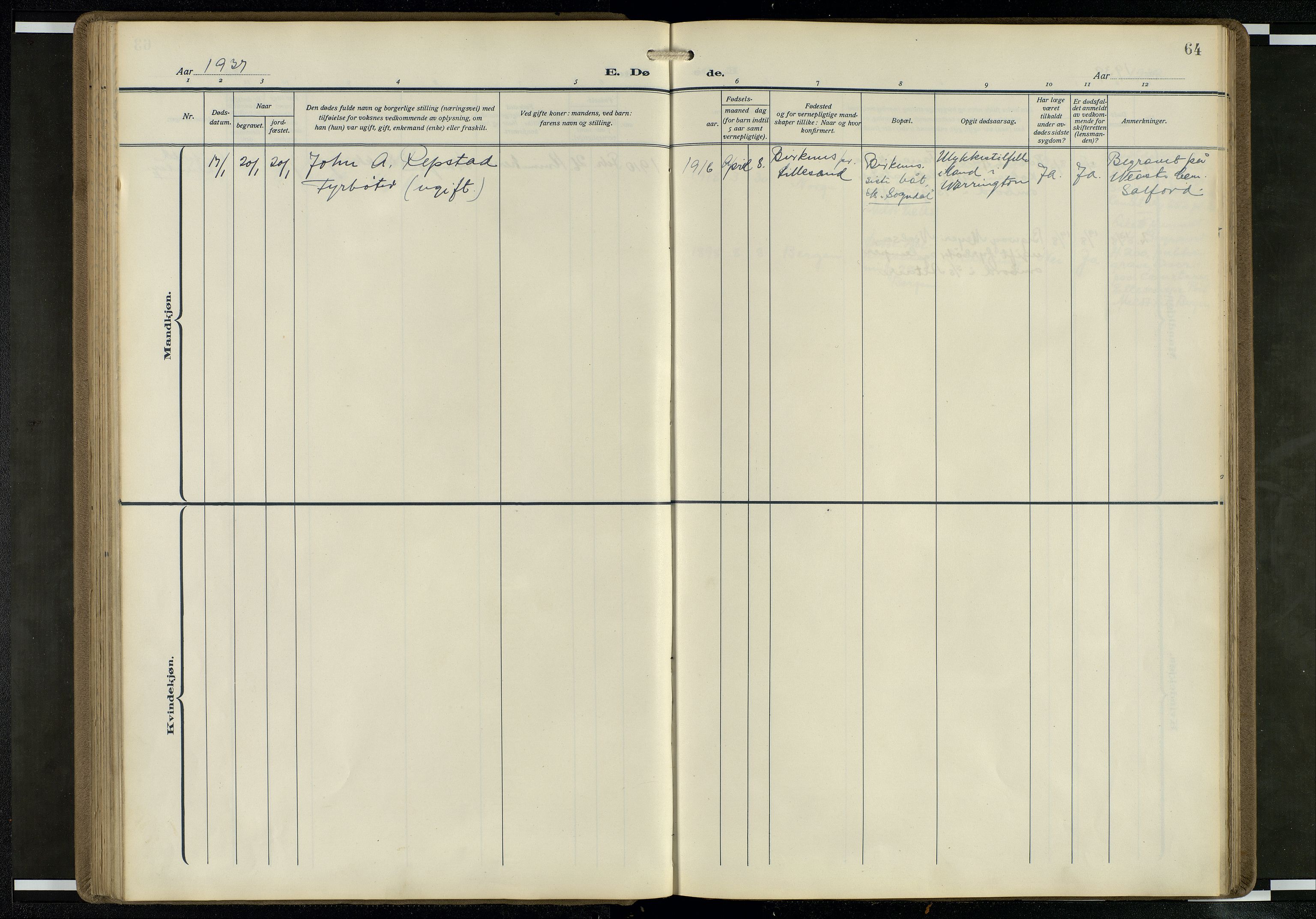 Den norske sjømannsmisjon i utlandet/Mersey-havnene (Liverpool), SAB/SAB/PA-0104/H/Ha/L0001: Parish register (official) no. A 1, 1919-1954, p. 63b-64a