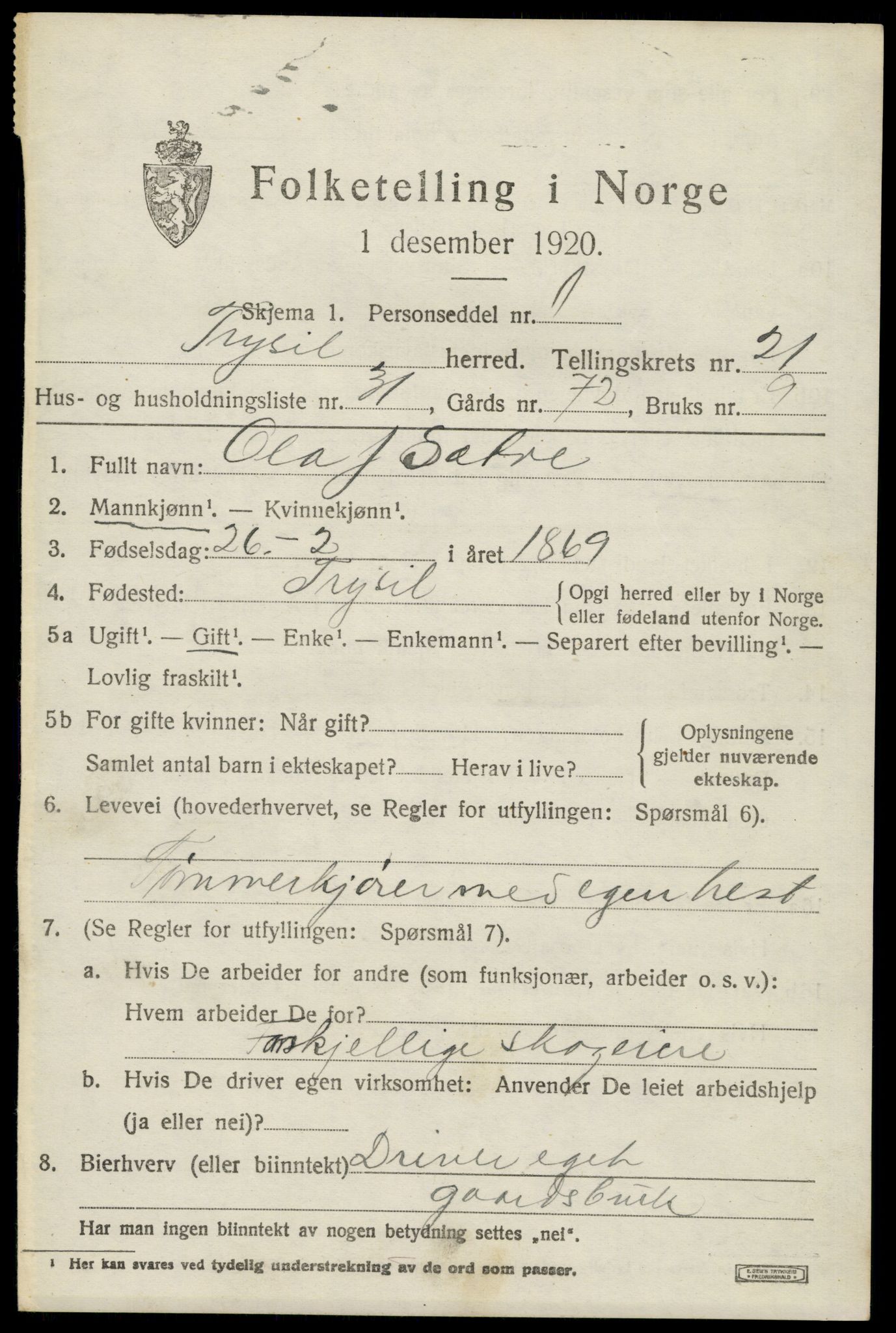 SAH, 1920 census for Trysil, 1920, p. 14141