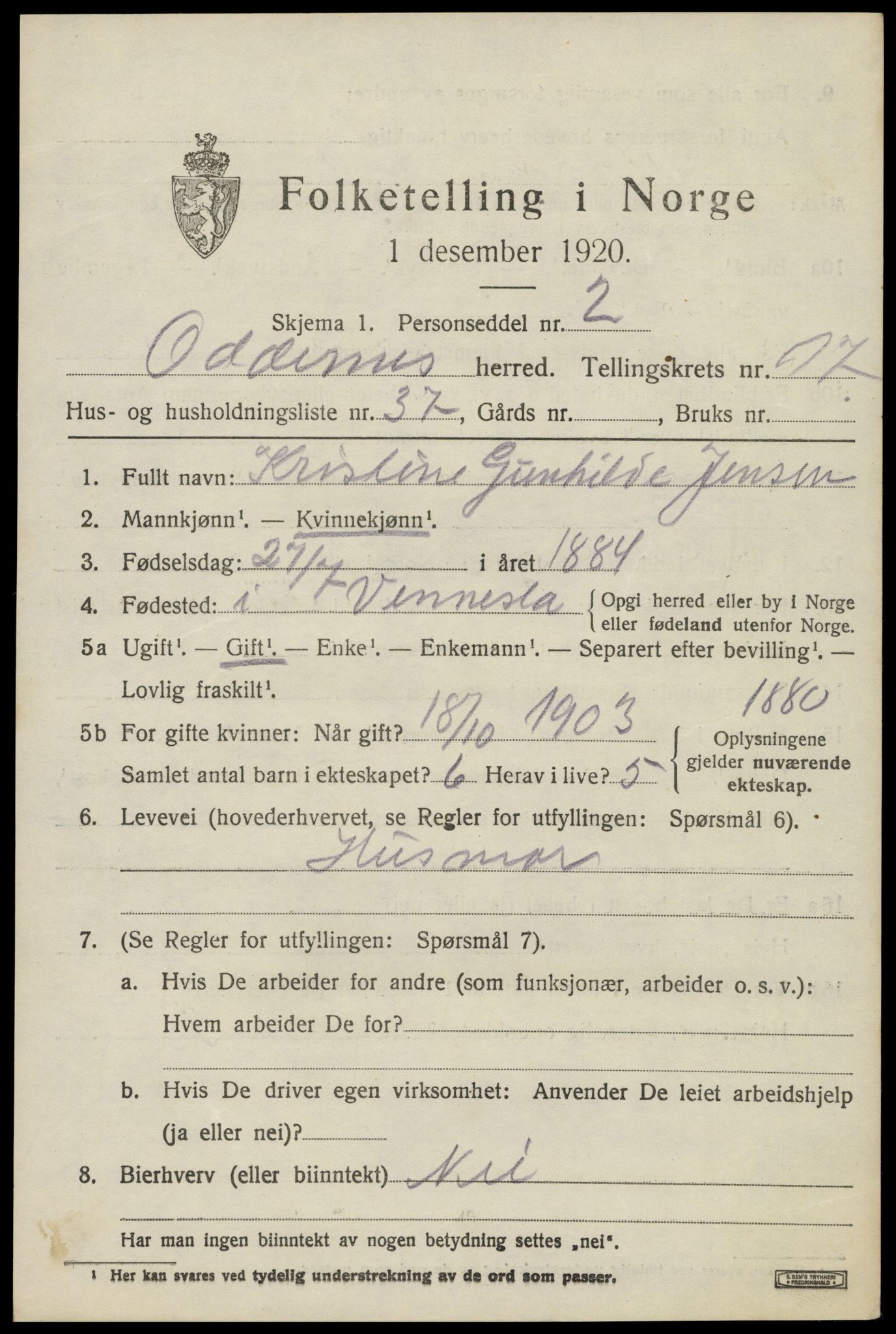 SAK, 1920 census for Oddernes, 1920, p. 13103