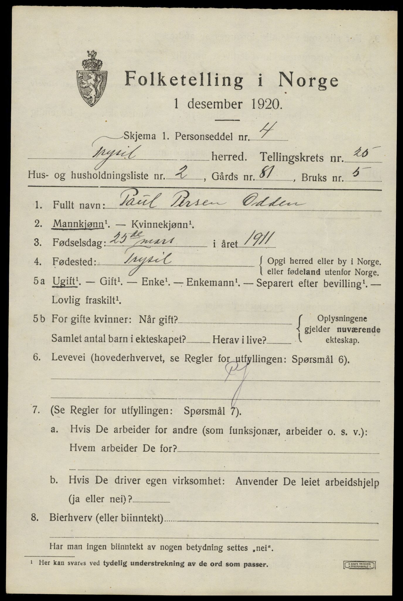 SAH, 1920 census for Trysil, 1920, p. 15703