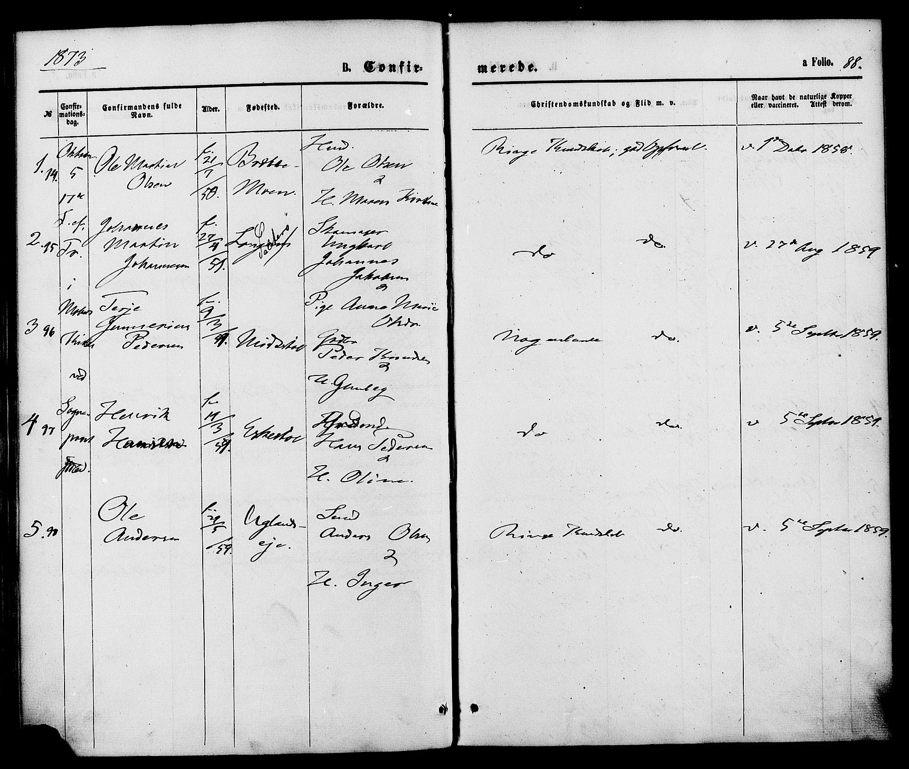 Austre Moland sokneprestkontor, AV/SAK-1111-0001/F/Fa/Faa/L0009: Parish register (official) no. A 9, 1869-1879, p. 88