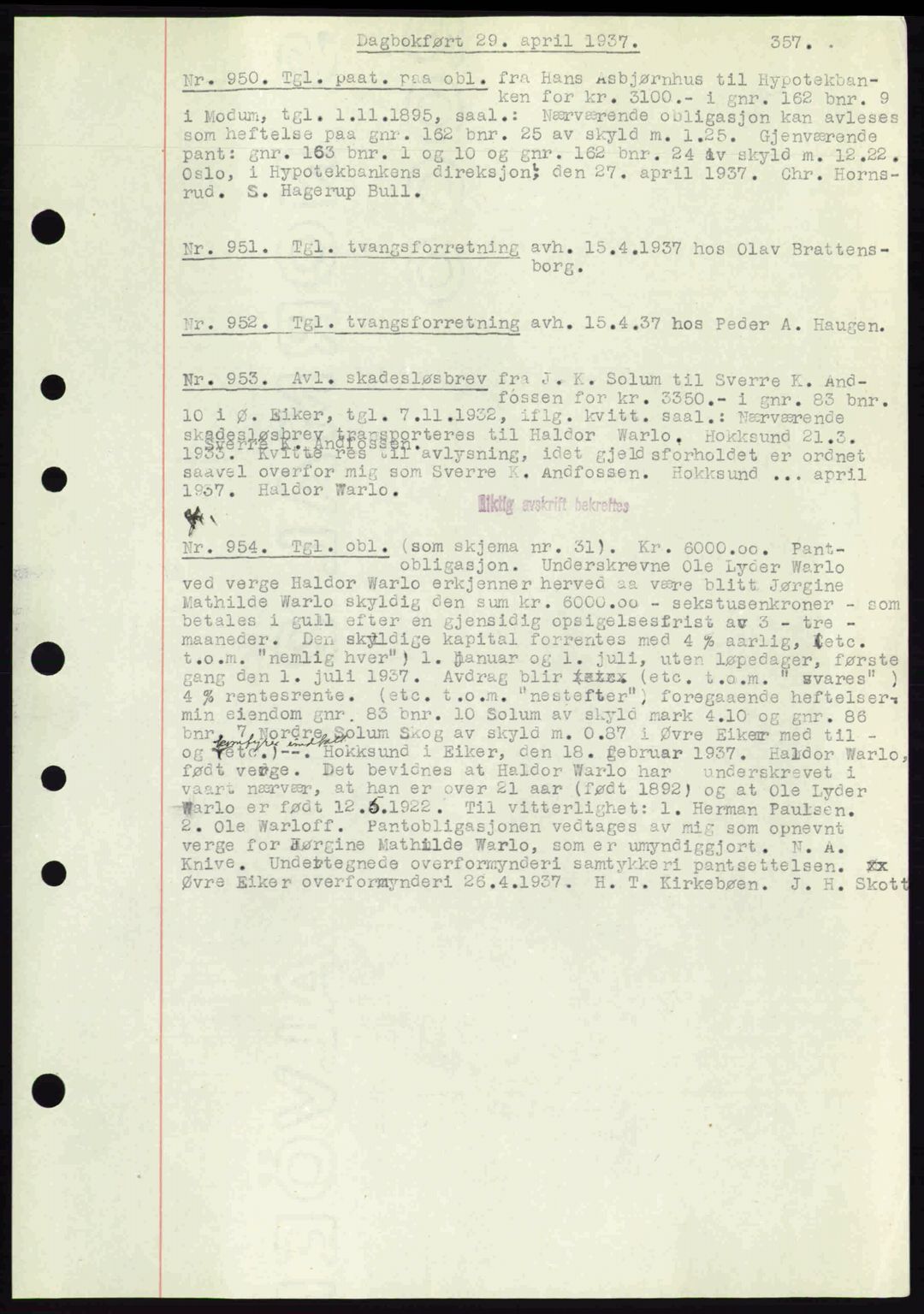 Eiker, Modum og Sigdal sorenskriveri, SAKO/A-123/G/Ga/Gab/L0035: Mortgage book no. A5, 1937-1937, Diary no: : 950/1937
