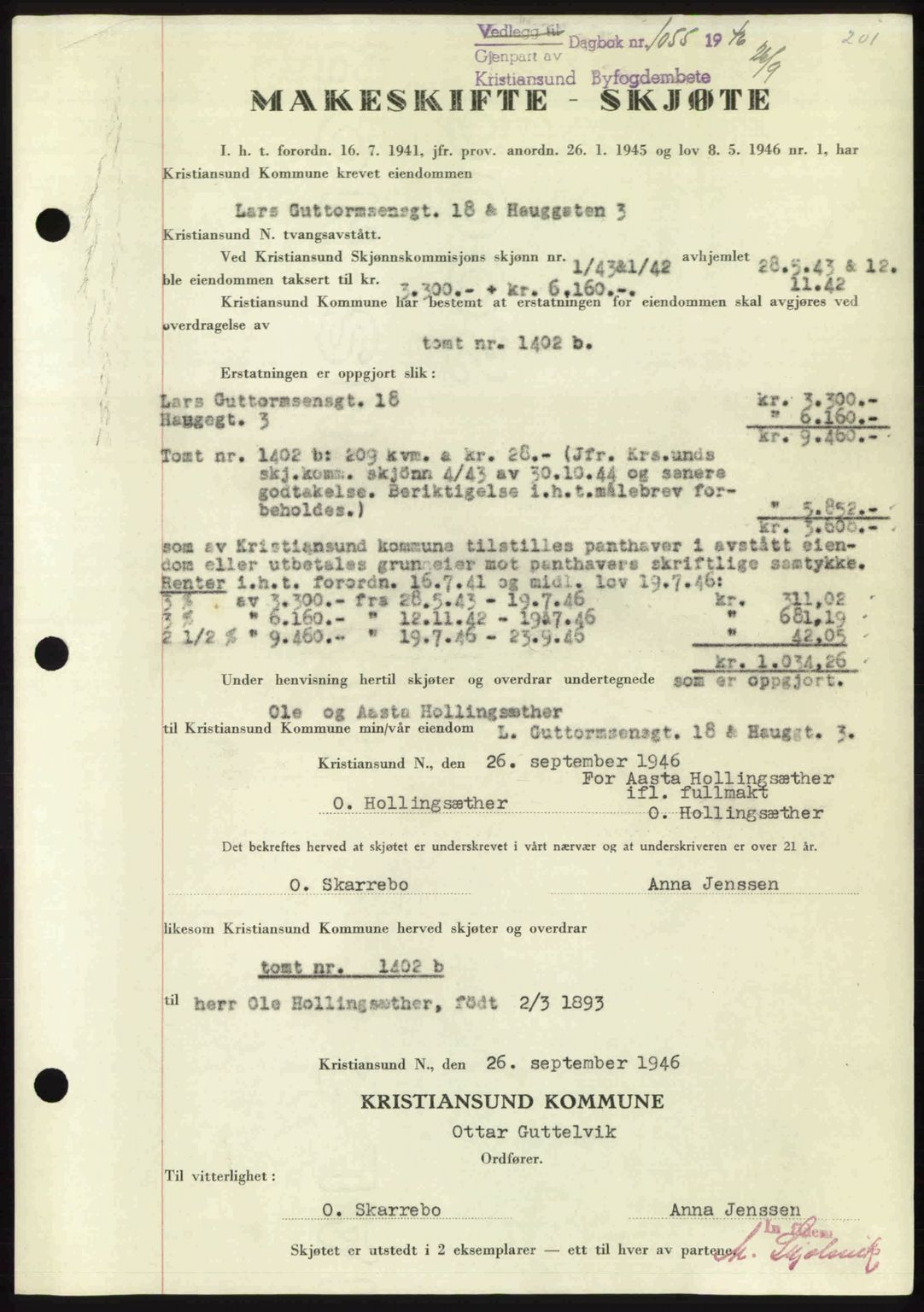 Kristiansund byfogd, AV/SAT-A-4587/A/27: Mortgage book no. 39b, 1946-1947, Diary no: : 1055/1946