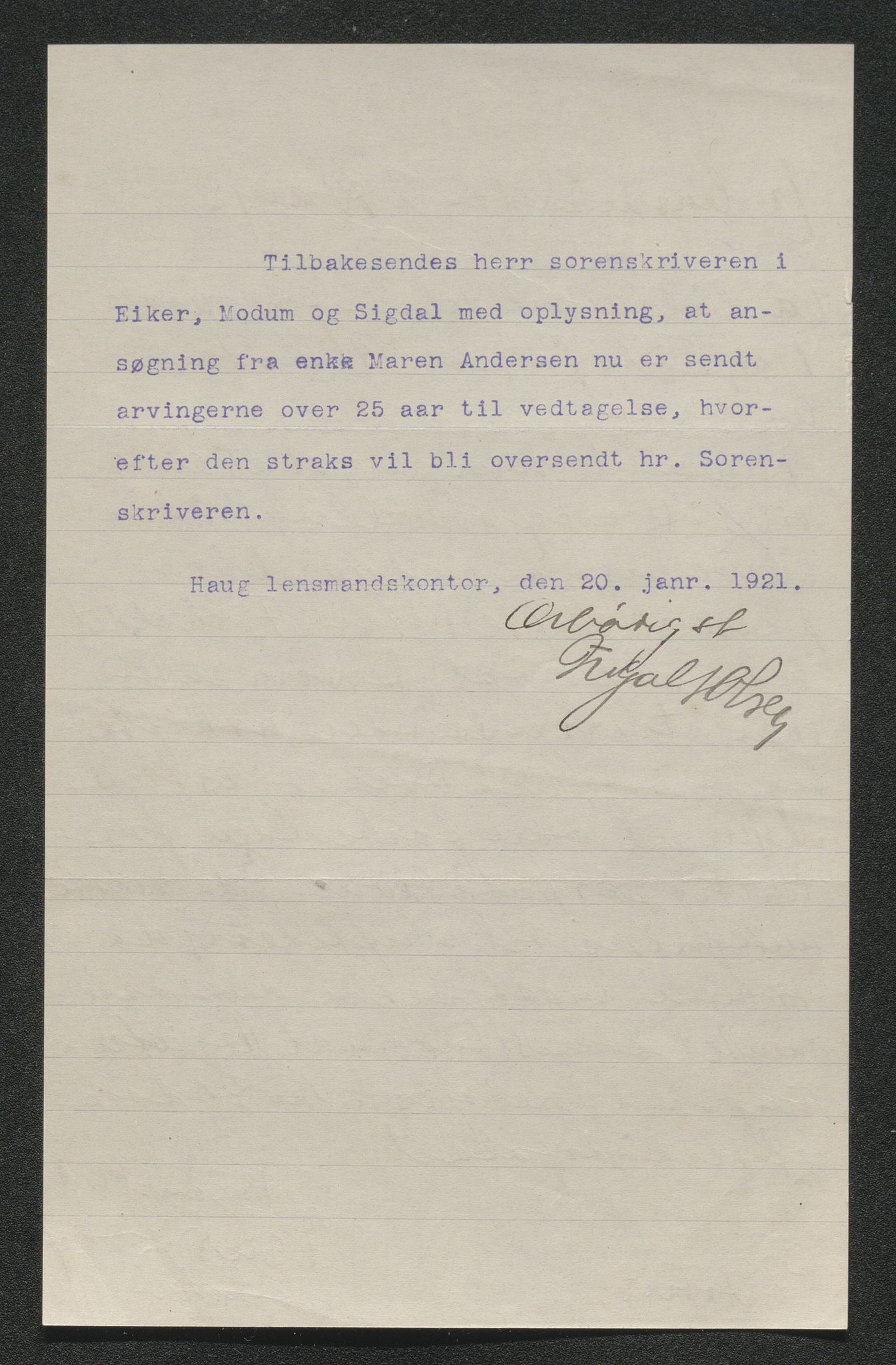 Eiker, Modum og Sigdal sorenskriveri, AV/SAKO-A-123/H/Ha/Hab/L0040: Dødsfallsmeldinger, 1920-1921, p. 203