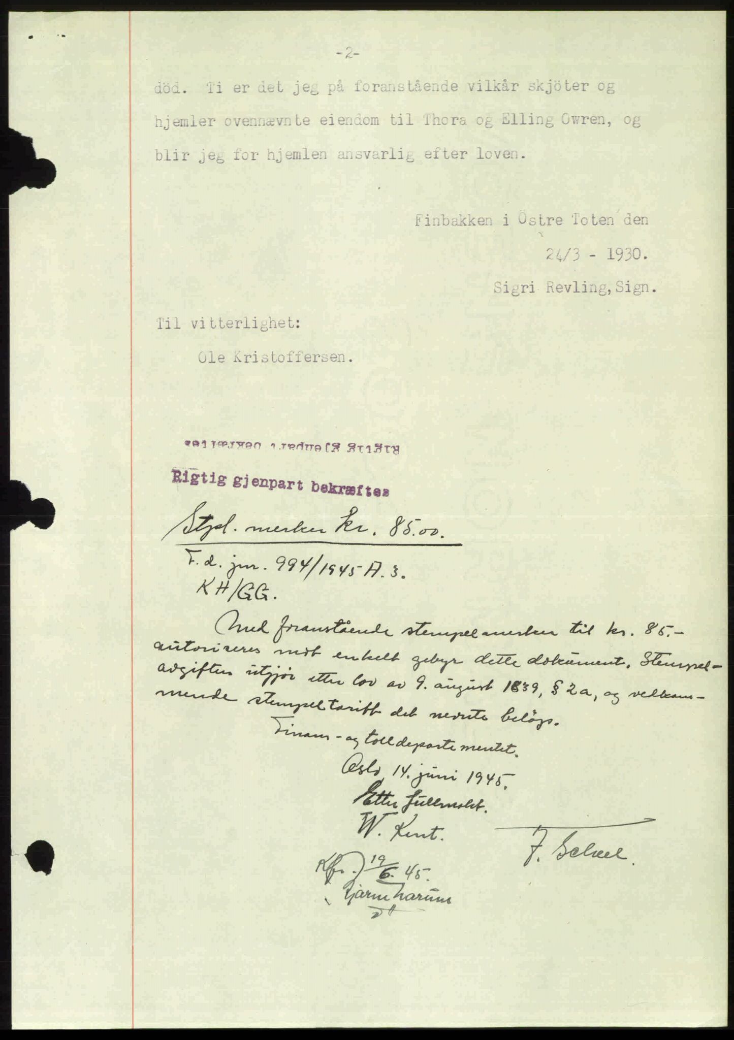 Toten tingrett, SAH/TING-006/H/Hb/Hbc/L0013: Mortgage book no. Hbc-13, 1945-1945, Diary no: : 762/1945