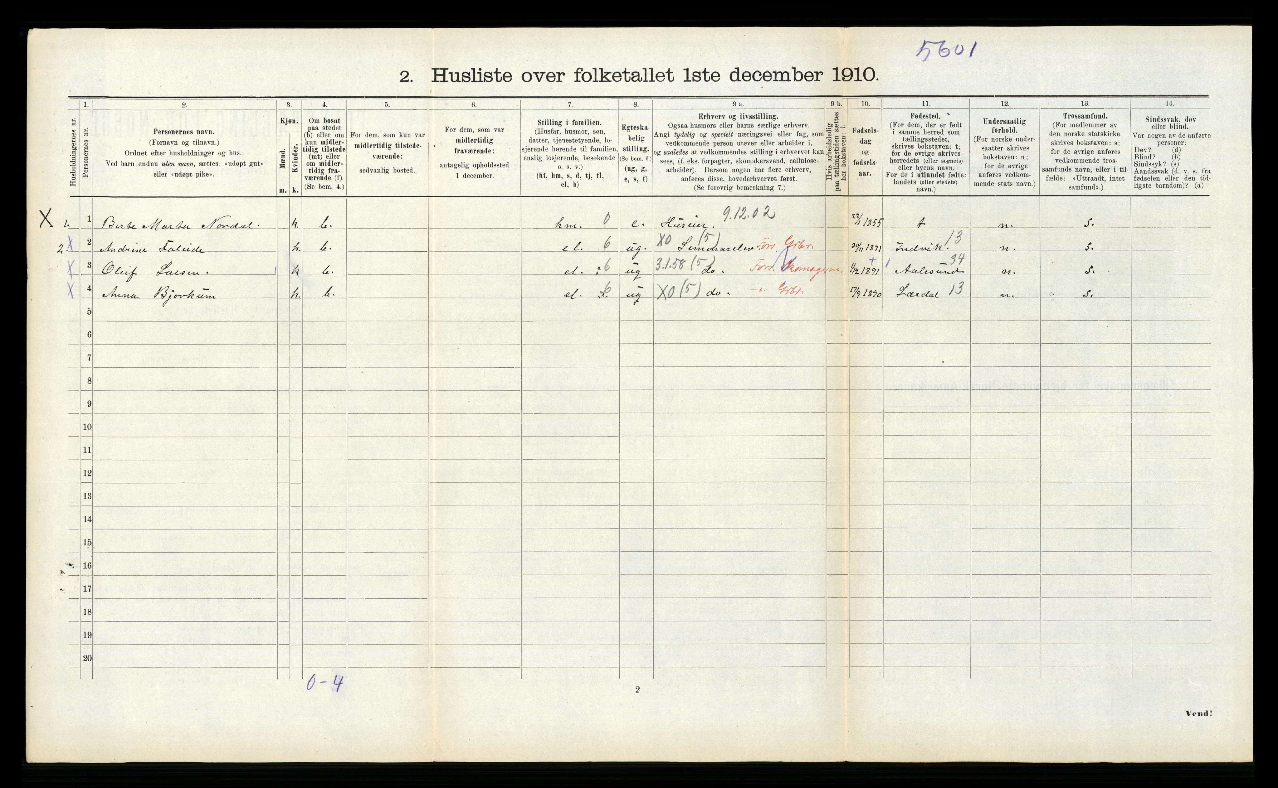 RA, 1910 census for Volda, 1910, p. 315