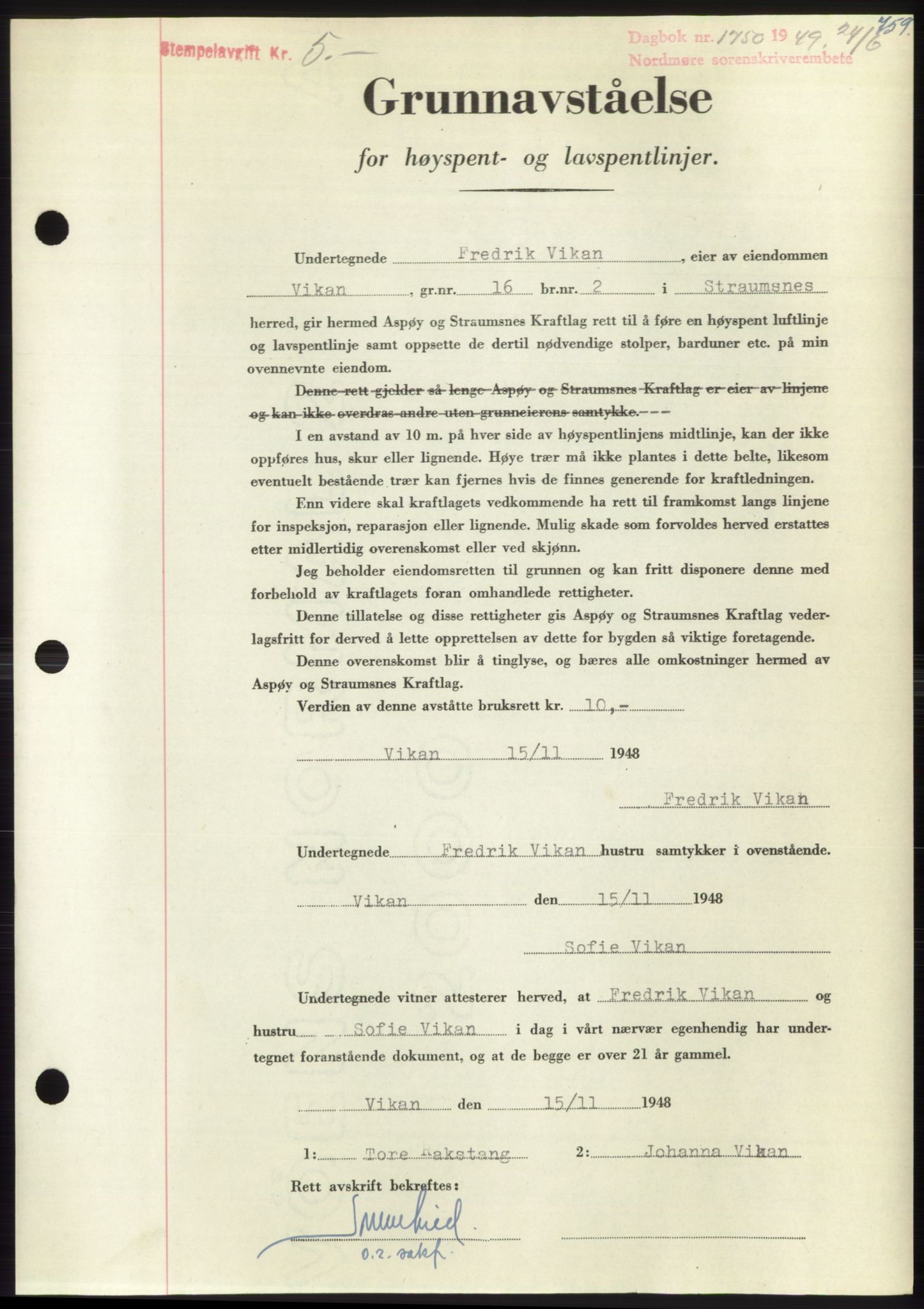 Nordmøre sorenskriveri, AV/SAT-A-4132/1/2/2Ca: Mortgage book no. B101, 1949-1949, Diary no: : 1750/1949