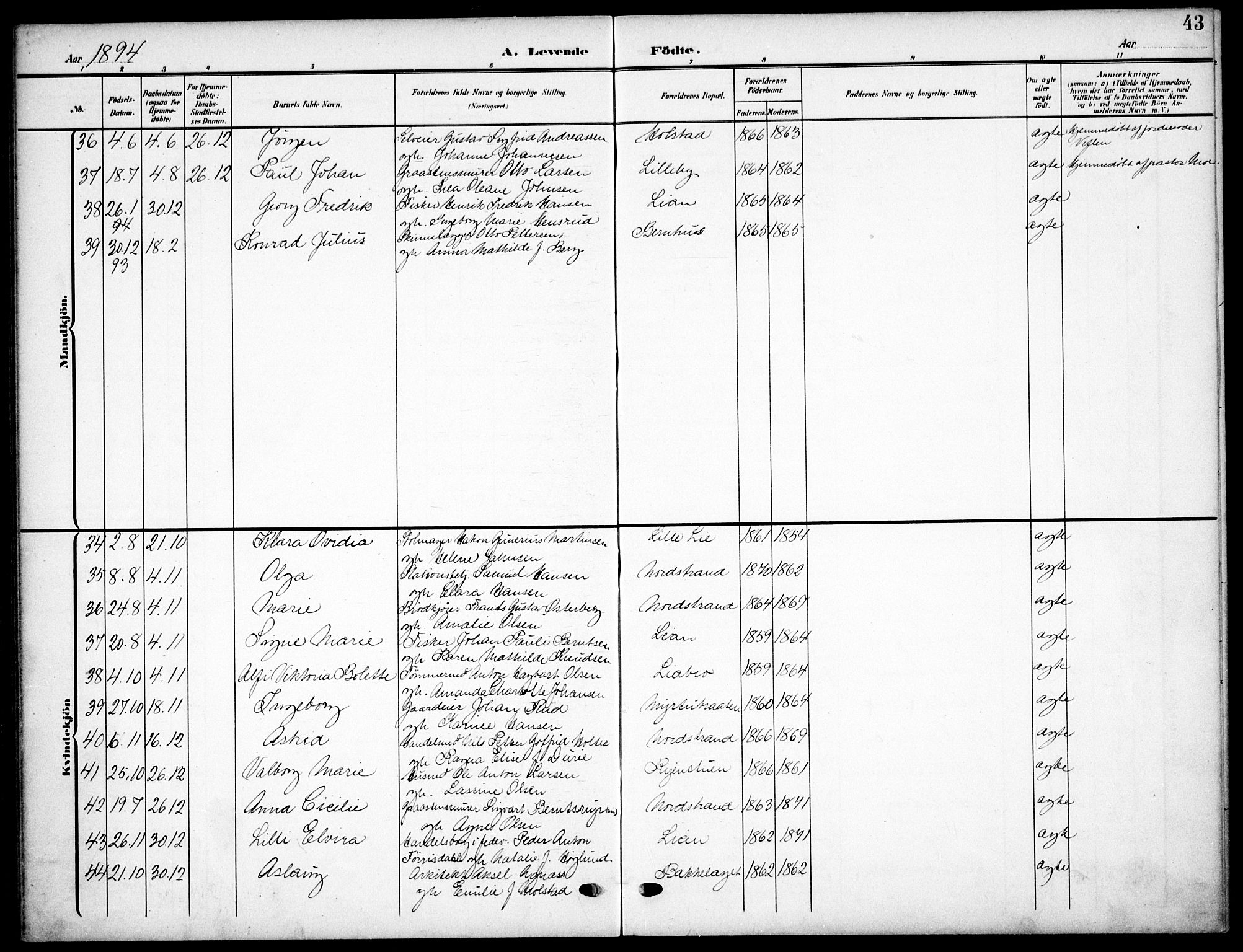 Nordstrand prestekontor Kirkebøker, AV/SAO-A-10362a/F/Fa/L0000: Parish register (official) no.  0, 1881-1900, p. 43