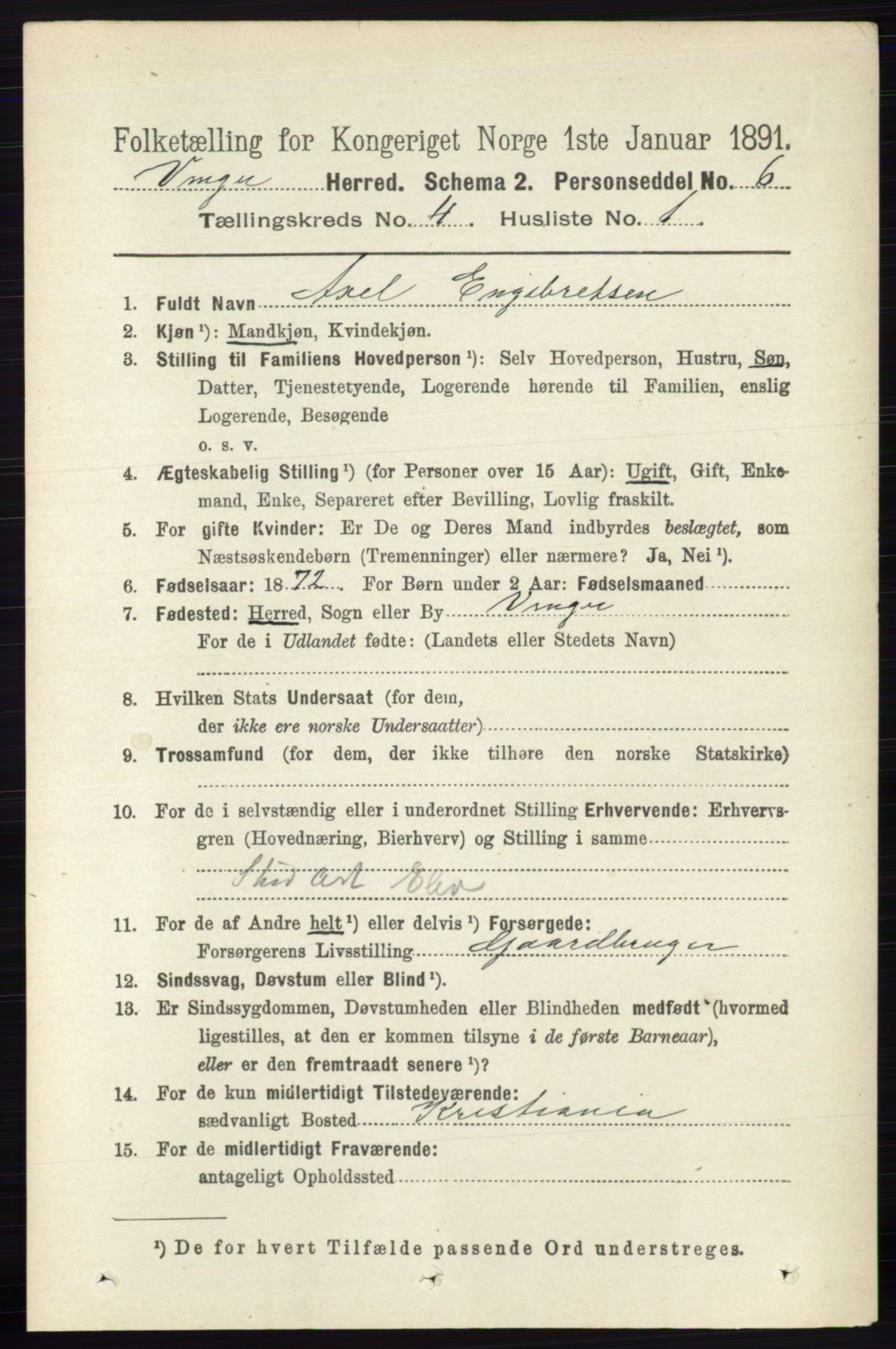 RA, 1891 census for 0421 Vinger, 1891, p. 1643