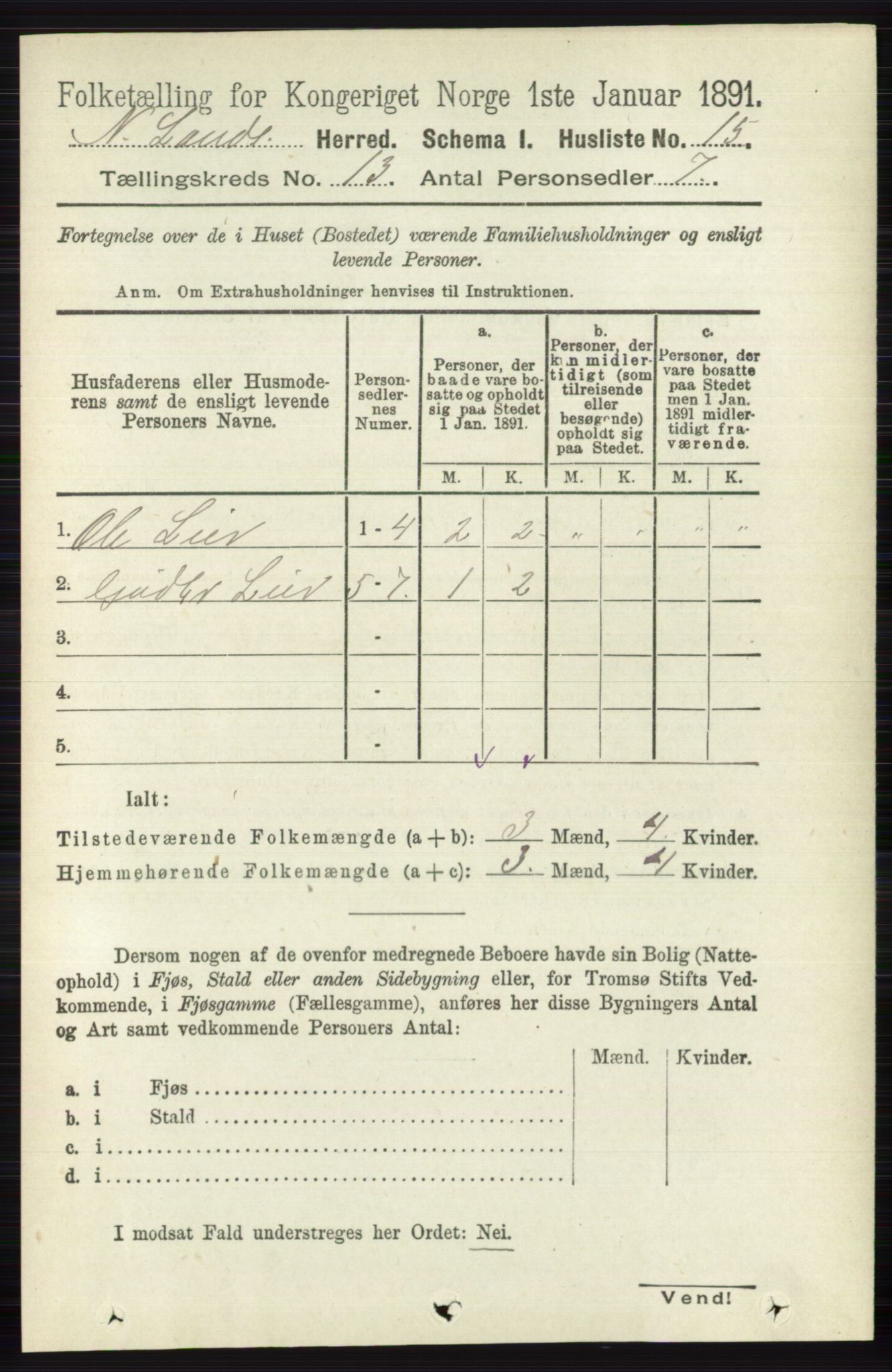 RA, 1891 census for 0538 Nordre Land, 1891, p. 3493