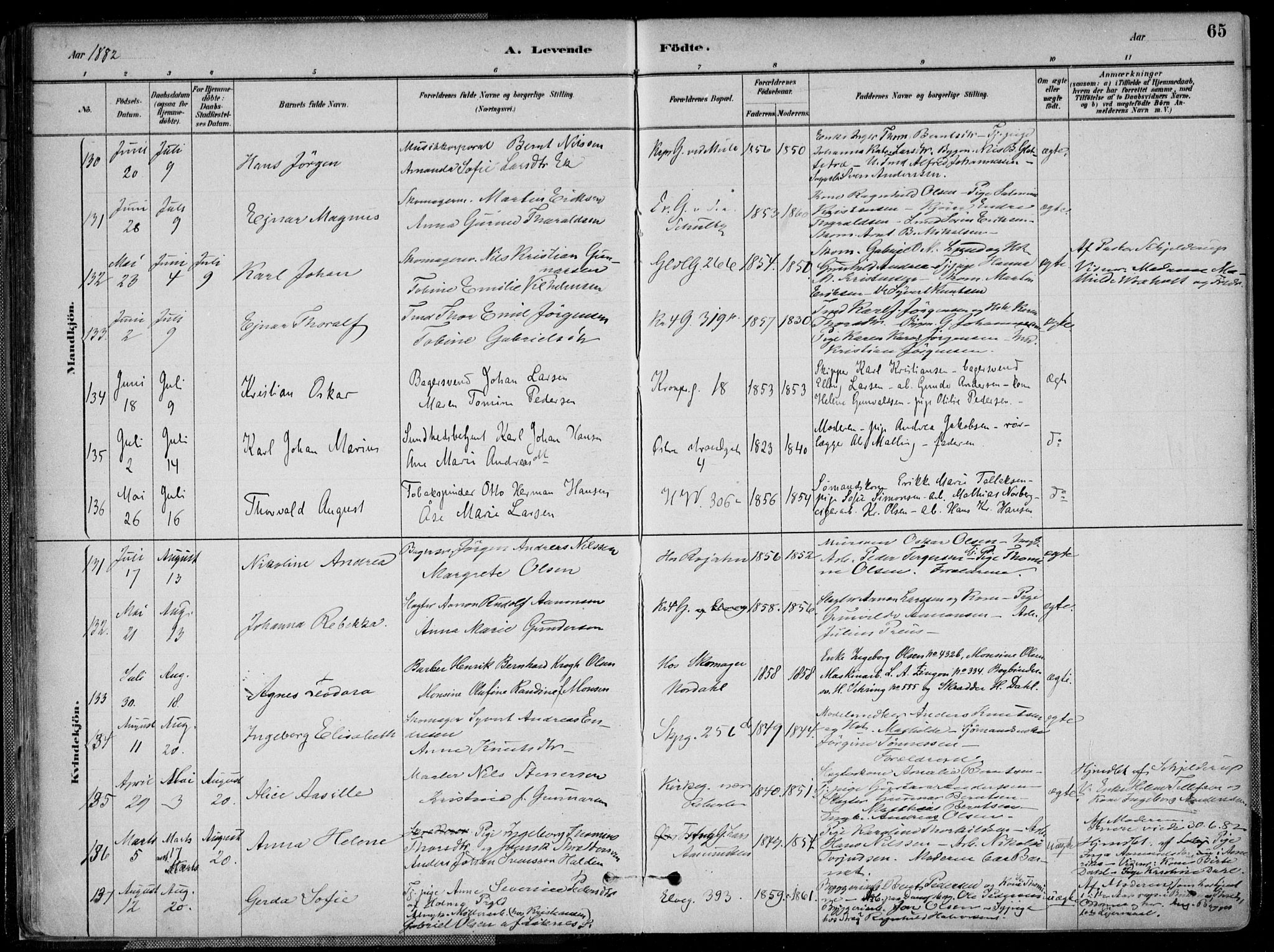 Kristiansand domprosti, SAK/1112-0006/F/Fa/L0016: Parish register (official) no. A 16A, 1880-1890, p. 65