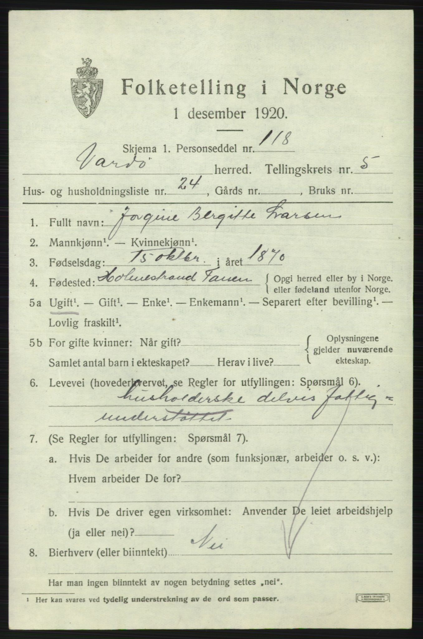 SATØ, 1920 census for Vardø rural district, 1920, p. 2820