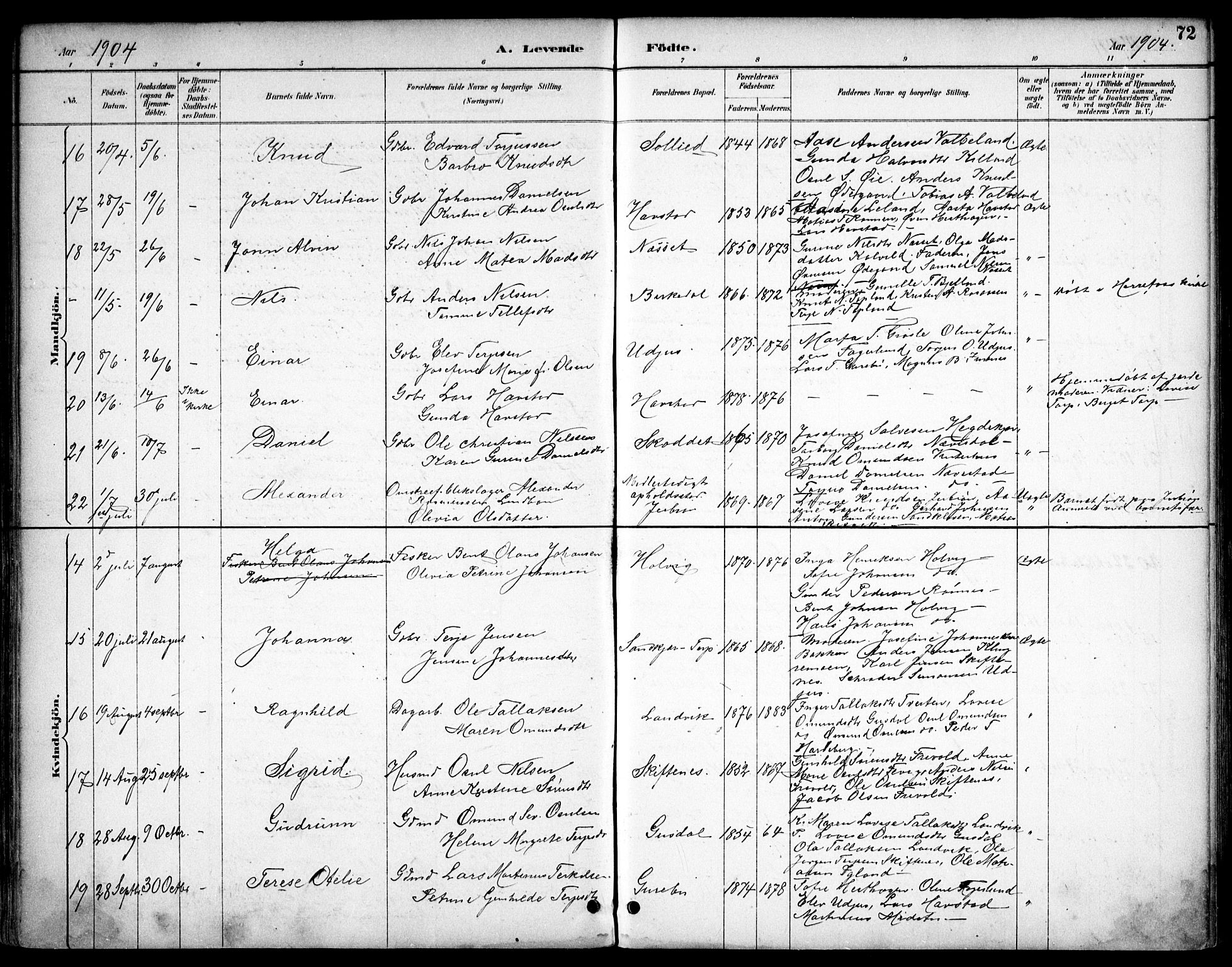 Hommedal sokneprestkontor, SAK/1111-0023/F/Fb/Fbb/L0007: Parish register (copy) no. B 7, 1885-1904, p. 72
