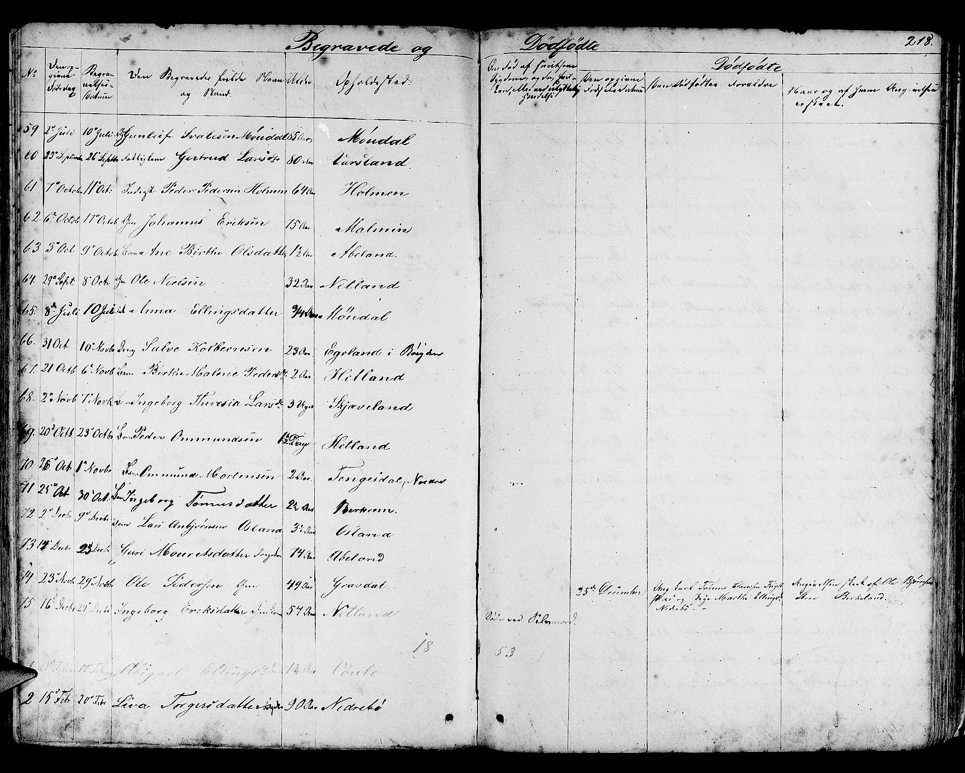 Helleland sokneprestkontor, SAST/A-101810: Parish register (copy) no. B 3, 1847-1886, p. 218