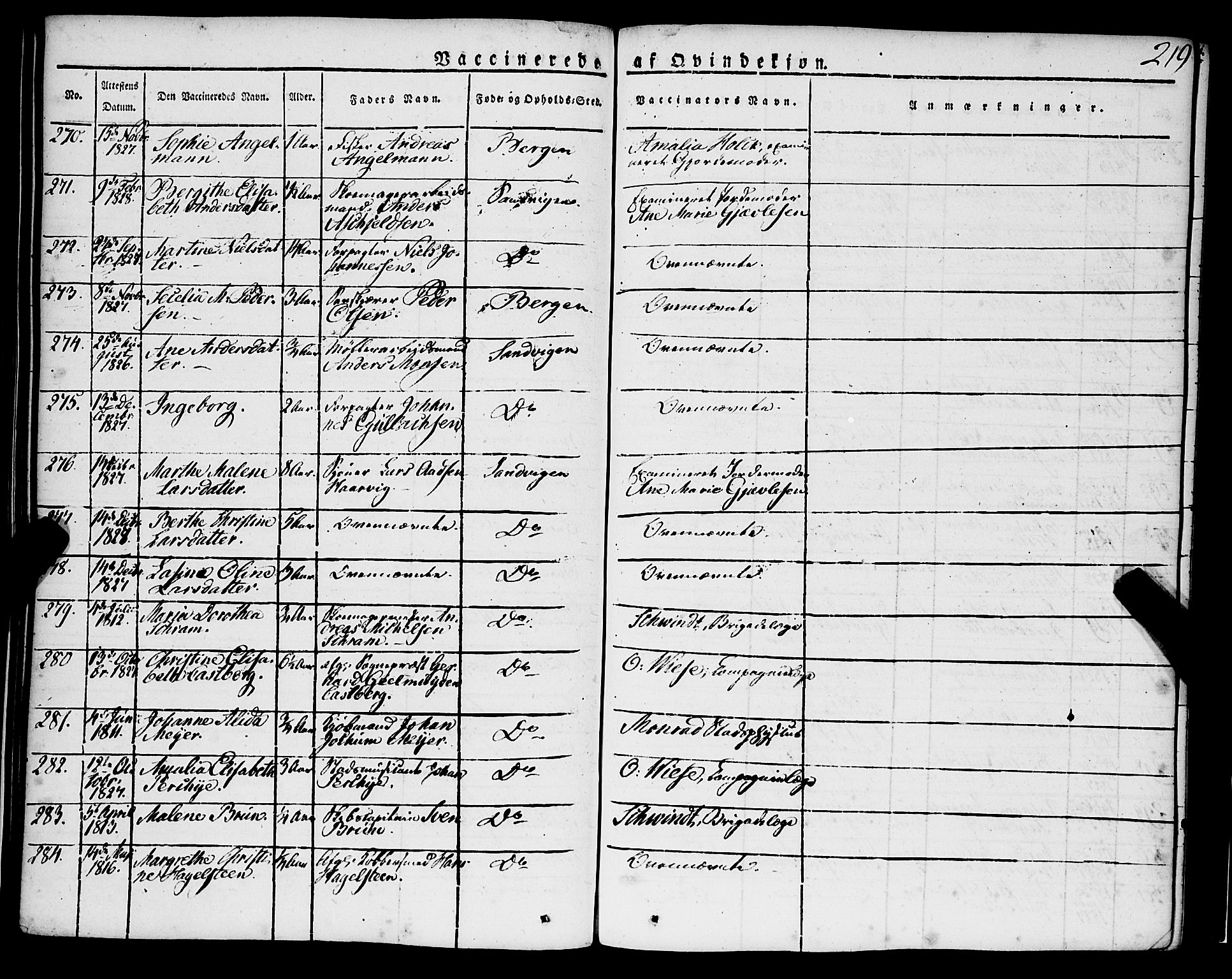 Korskirken sokneprestembete, SAB/A-76101/H/Haa/L0050: Parish register (official) no. F 1, 1821-1869, p. 219