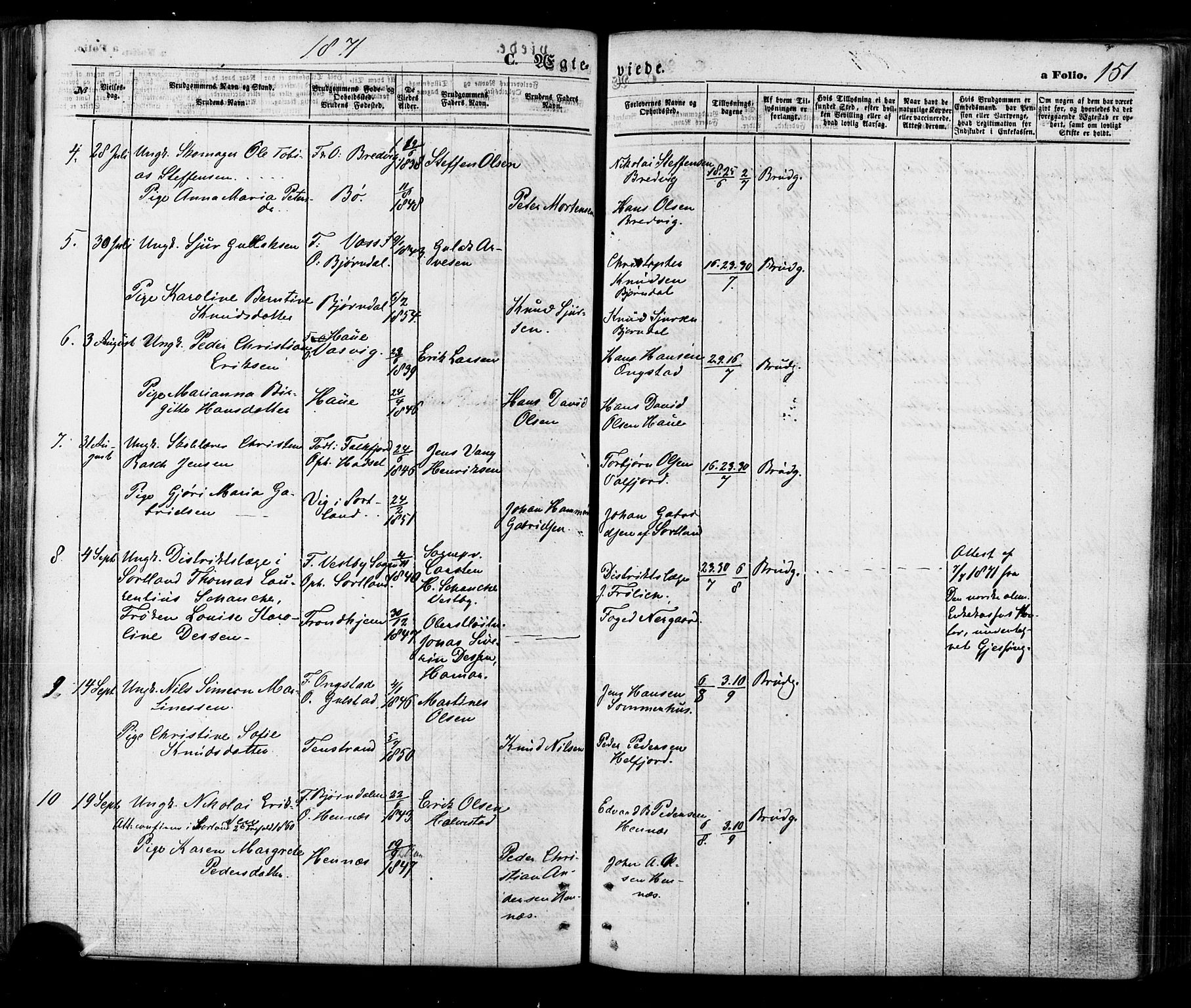 Ministerialprotokoller, klokkerbøker og fødselsregistre - Nordland, AV/SAT-A-1459/888/L1242: Parish register (official) no. 888A08, 1870-1875, p. 151