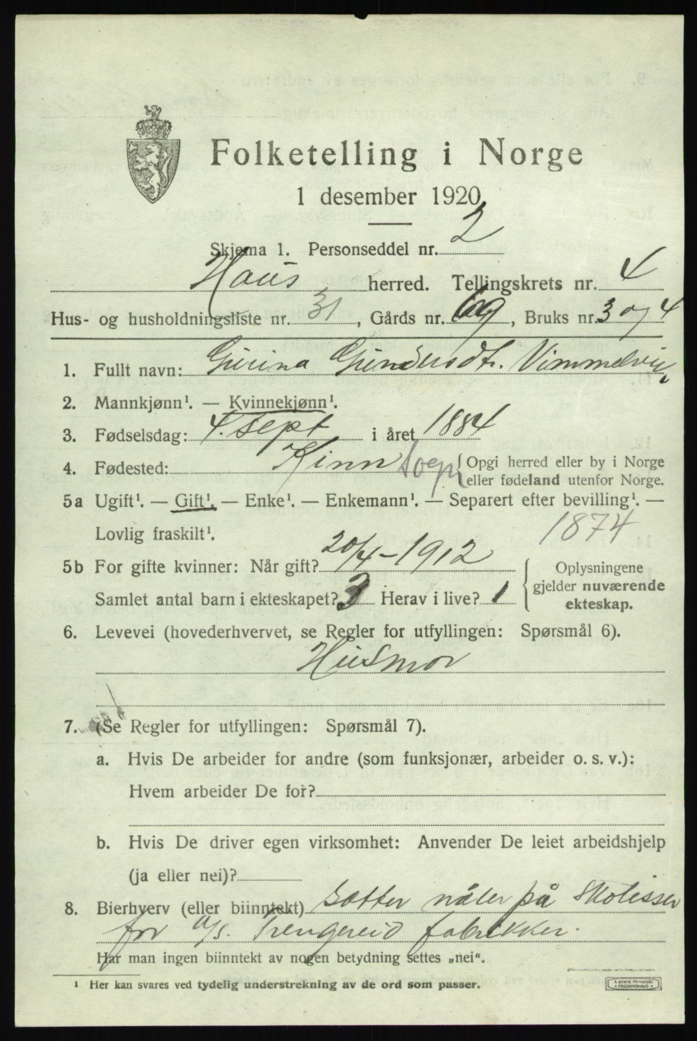 SAB, 1920 census for Haus, 1920, p. 3275