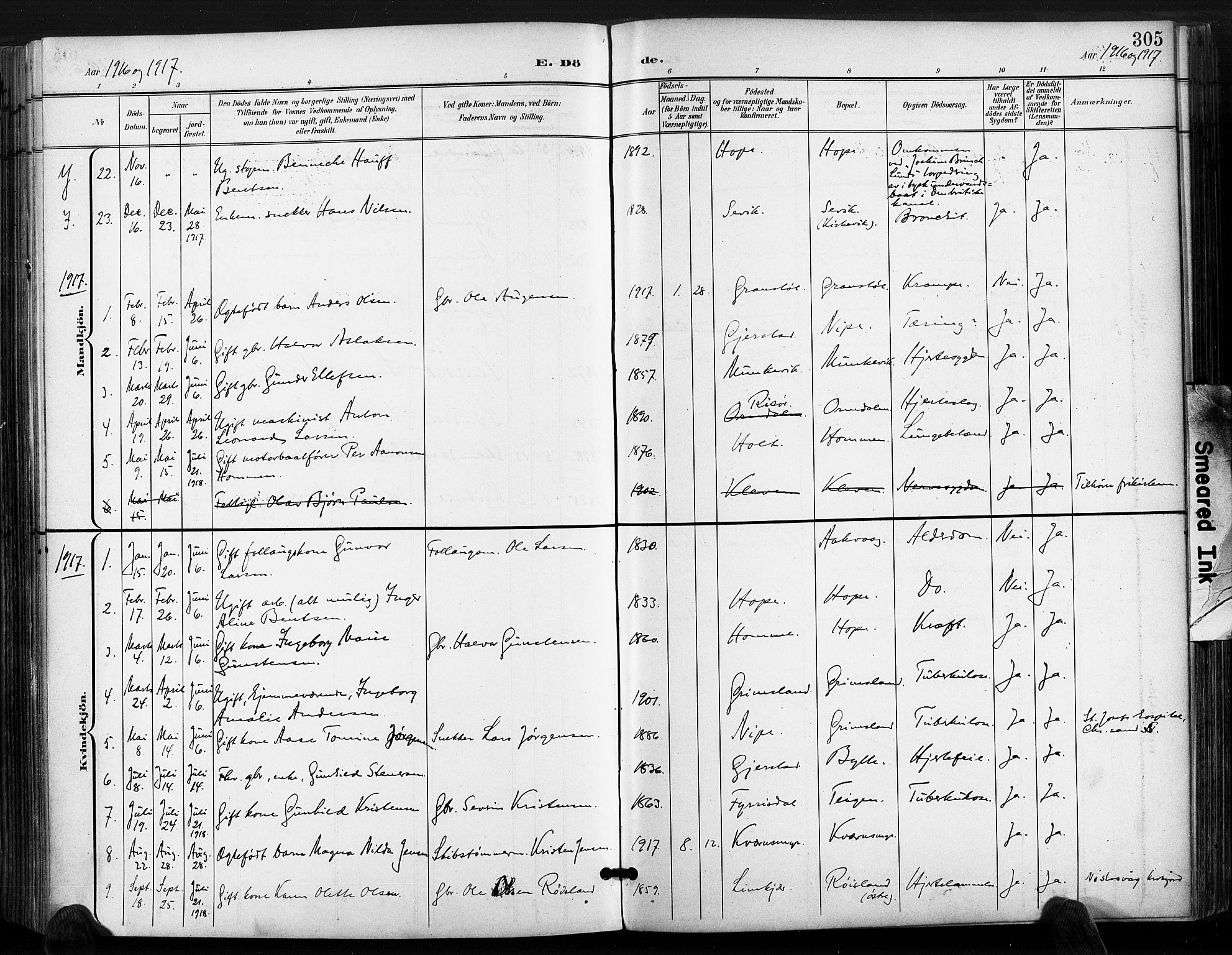 Søndeled sokneprestkontor, AV/SAK-1111-0038/F/Fa/L0006: Parish register (official) no. A 6, 1900-1922, p. 305