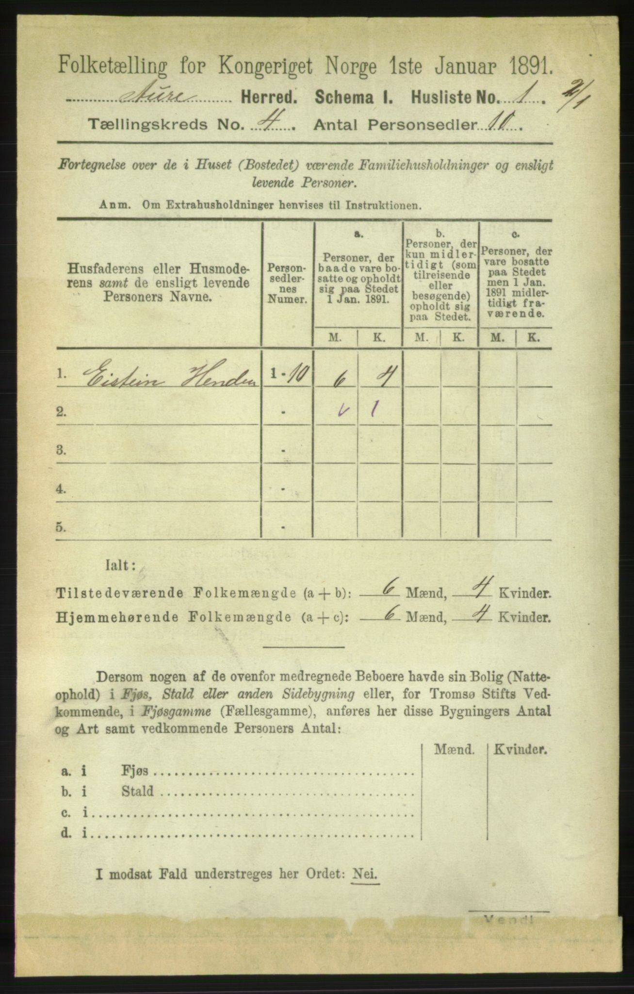 RA, 1891 census for 1569 Aure, 1891, p. 1932