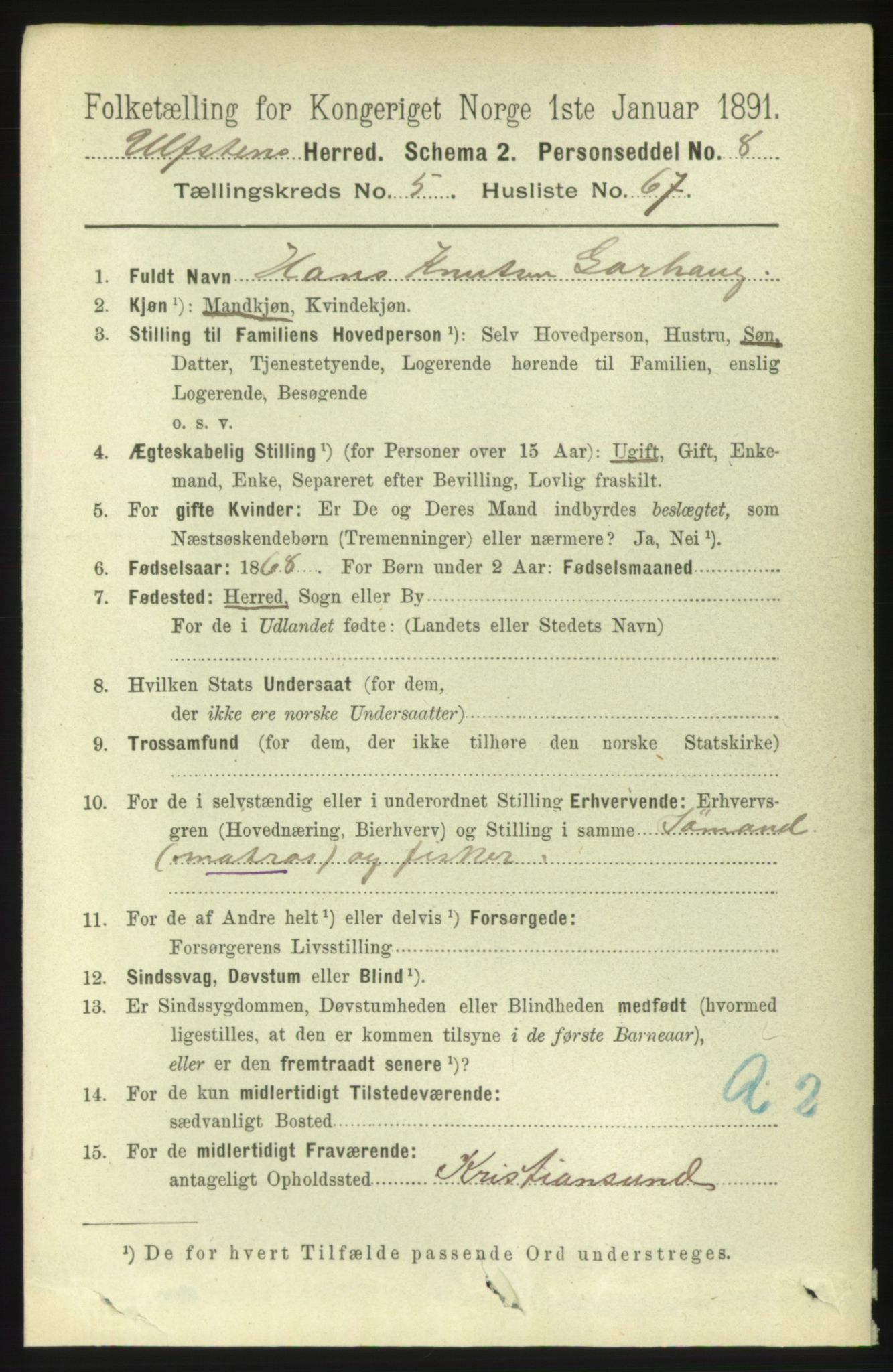 RA, 1891 census for 1516 Ulstein, 1891, p. 1665