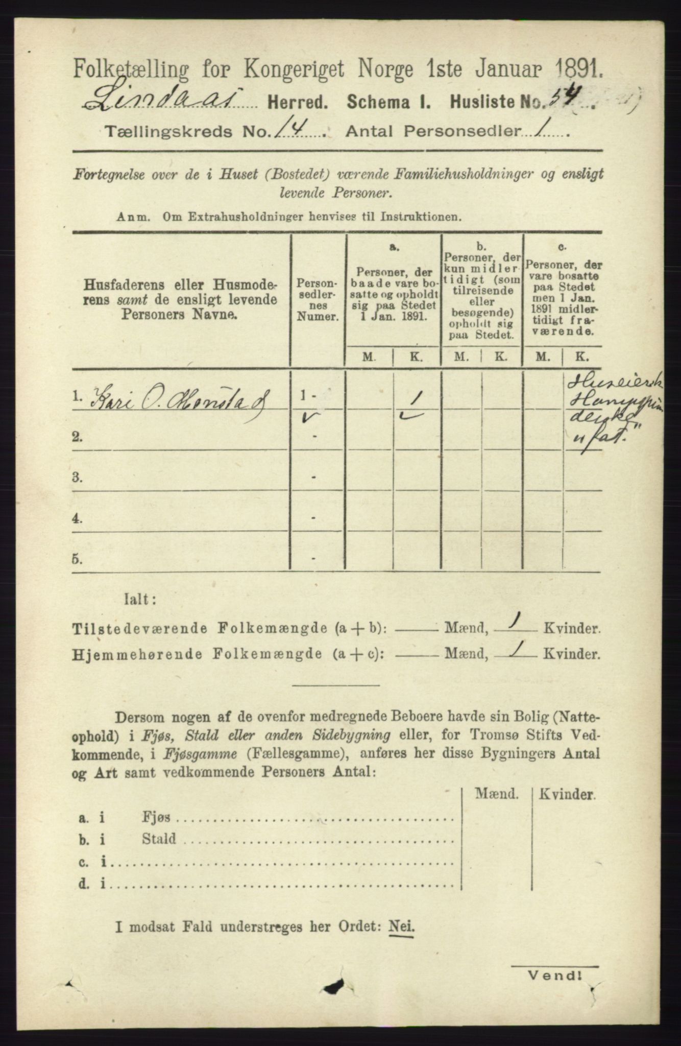 RA, 1891 census for 1263 Lindås, 1891, p. 4889