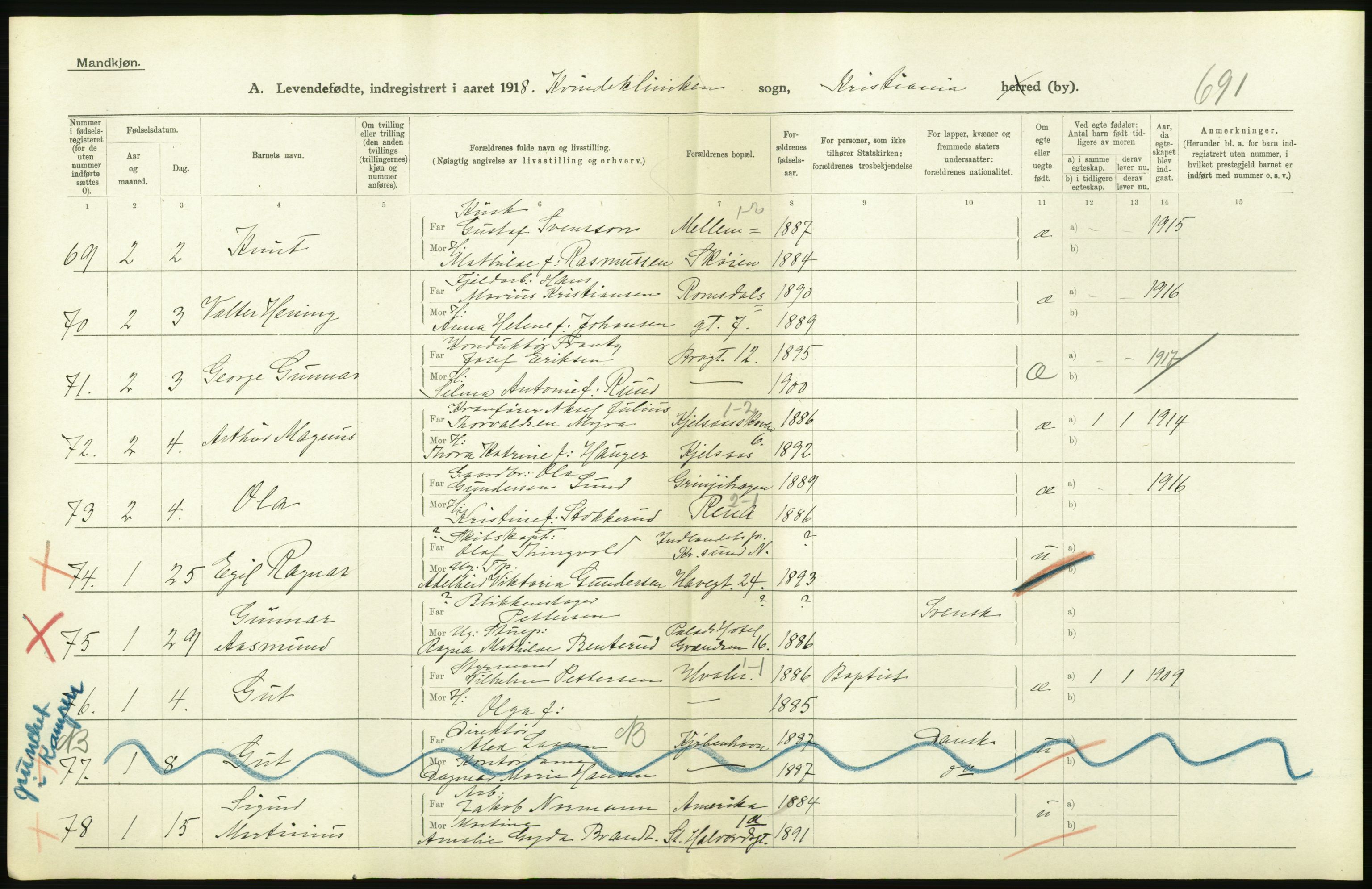 Statistisk sentralbyrå, Sosiodemografiske emner, Befolkning, AV/RA-S-2228/D/Df/Dfb/Dfbh/L0008: Kristiania: Levendefødte menn og kvinner., 1918, p. 404