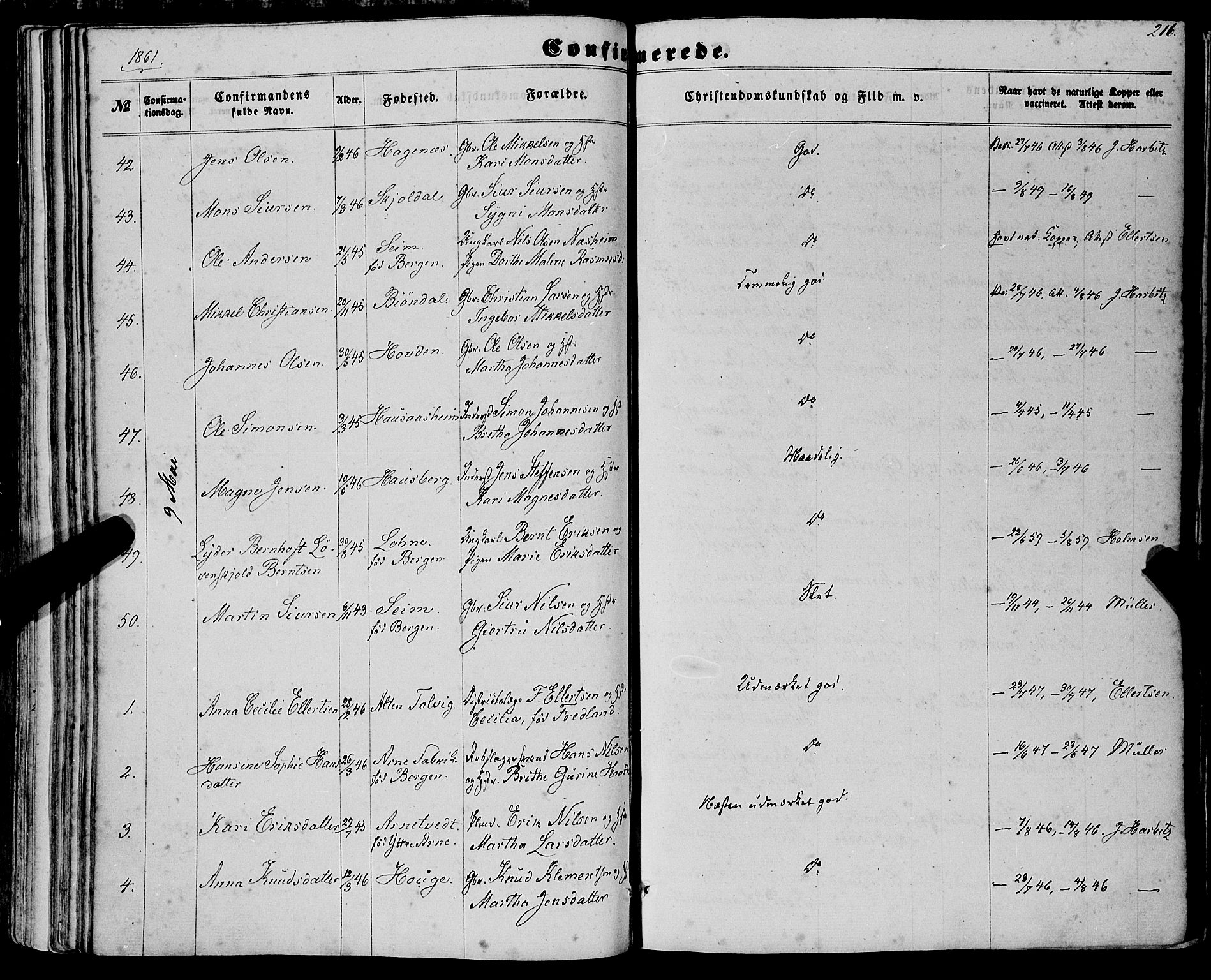 Haus sokneprestembete, AV/SAB-A-75601/H/Haa: Parish register (official) no. A 17, 1858-1870, p. 216