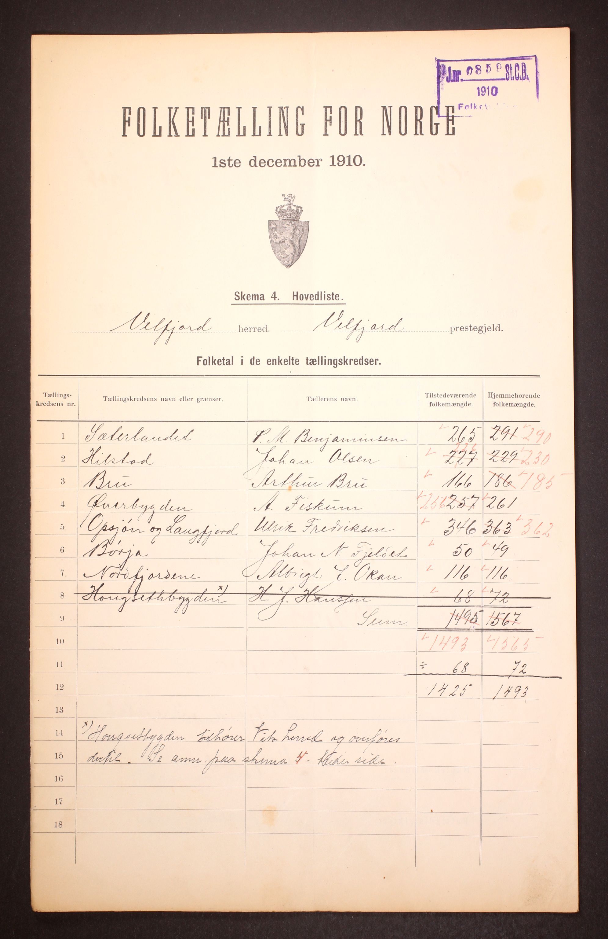RA, 1910 census for Velfjord, 1910, p. 2