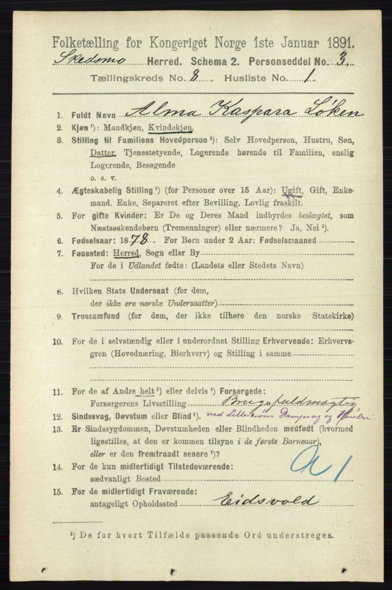 RA, 1891 census for 0231 Skedsmo, 1891, p. 3921