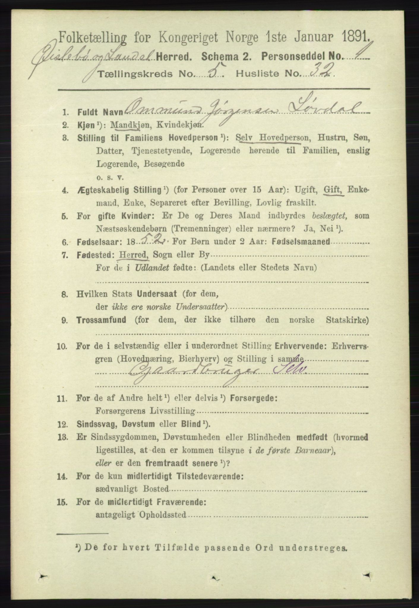 RA, 1891 census for 1021 Øyslebø og Laudal, 1891, p. 1518