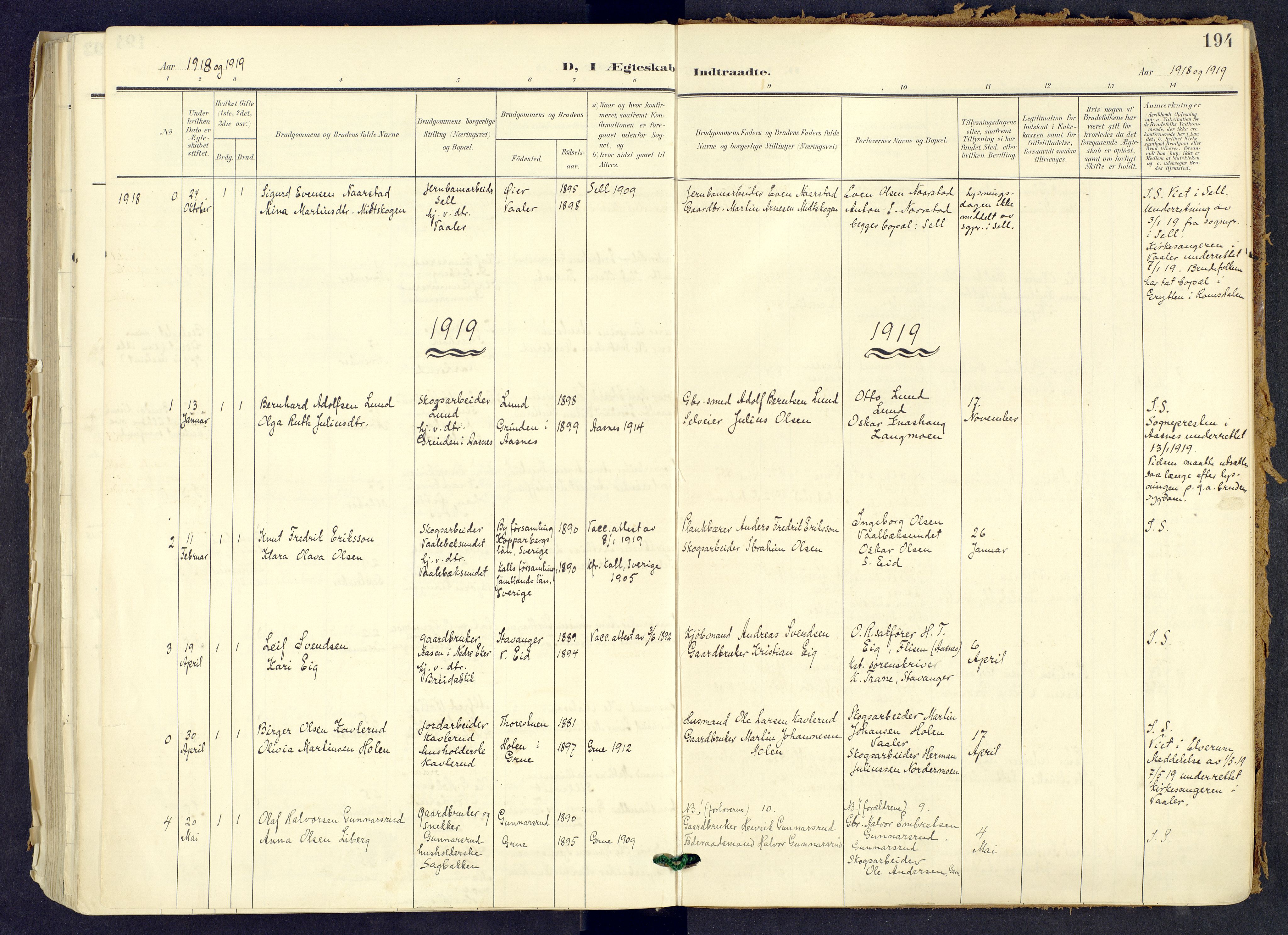 Våler prestekontor, Hedmark, AV/SAH-PREST-040/H/Ha/Haa/L0008: Parish register (official) no. 8, 1905-1921, p. 194