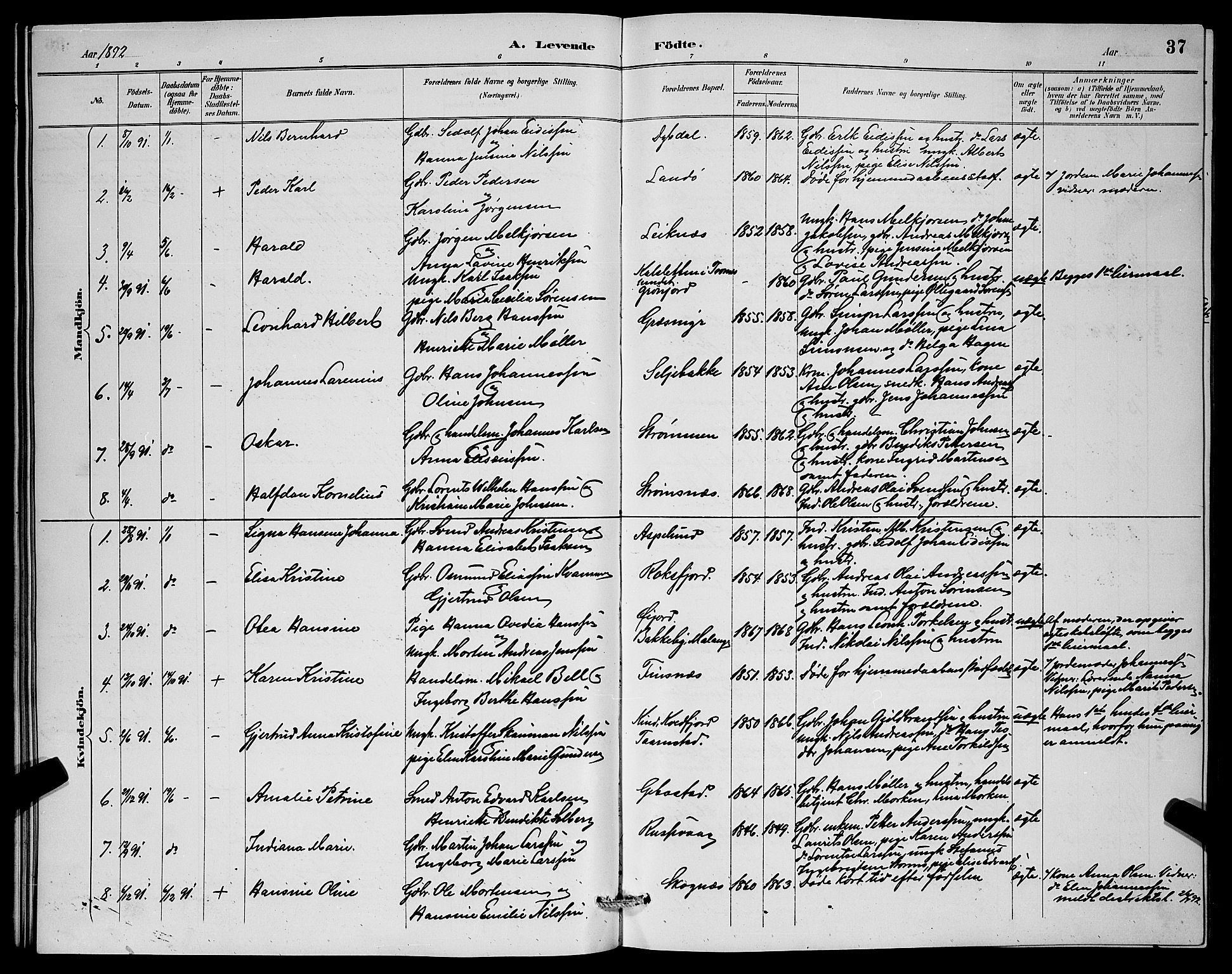 Lenvik sokneprestembete, AV/SATØ-S-1310/H/Ha/Hab/L0007klokker: Parish register (copy) no. 7, 1890-1898, p. 37