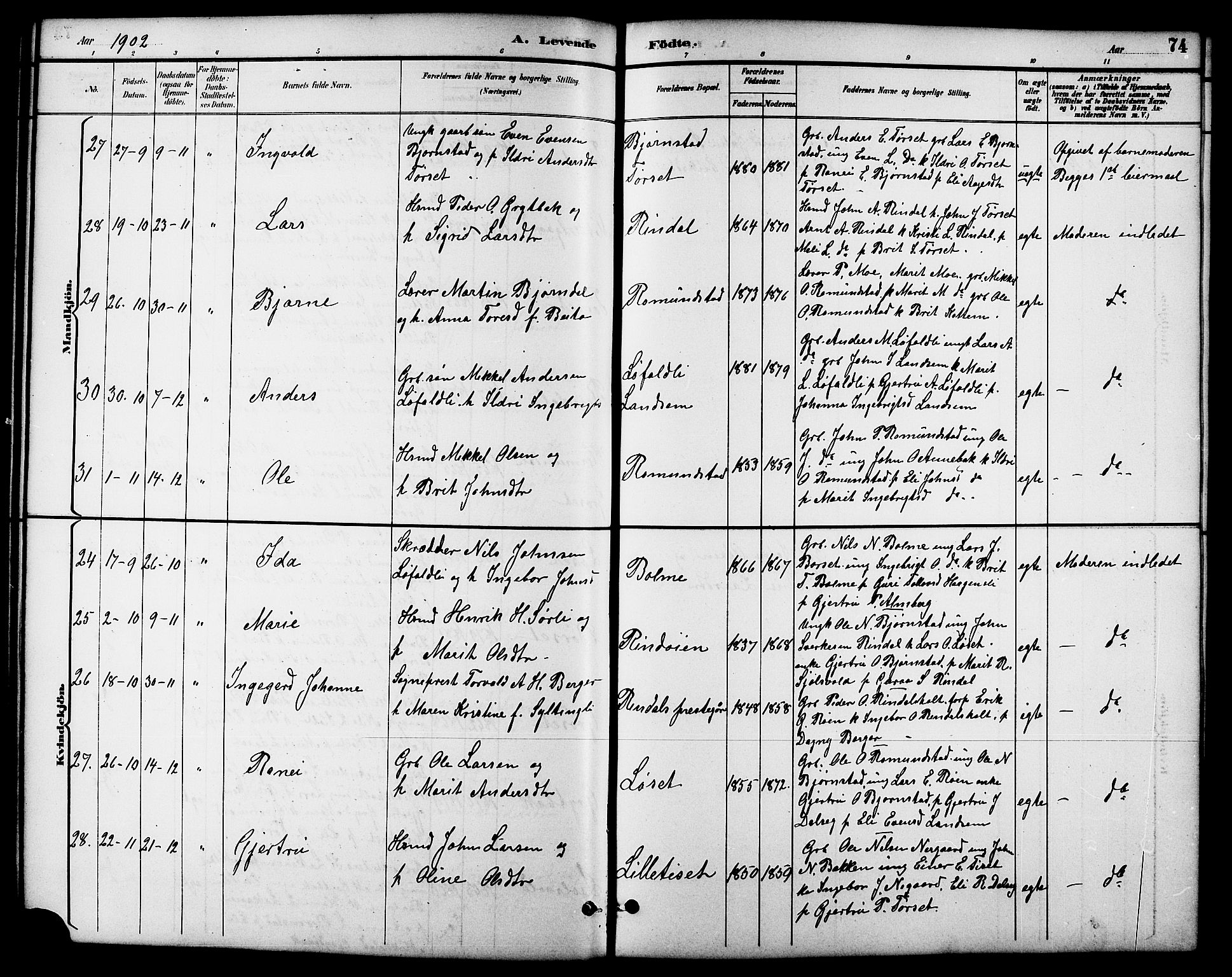 Ministerialprotokoller, klokkerbøker og fødselsregistre - Møre og Romsdal, AV/SAT-A-1454/598/L1078: Parish register (copy) no. 598C03, 1892-1909, p. 74