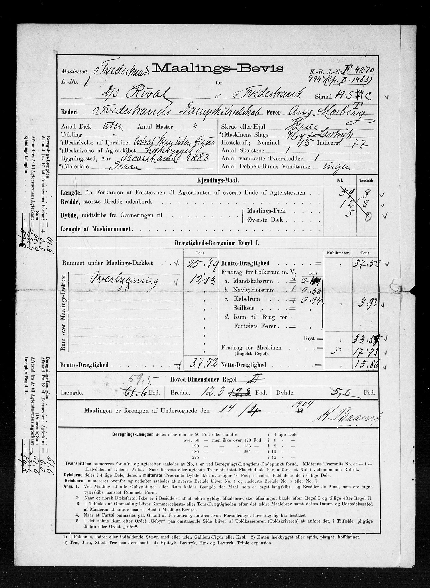 Tvedestrand tollsted, AV/SAK-1351-0011/H/Ha/L0144: Målebrev, 1871-1948, p. 266