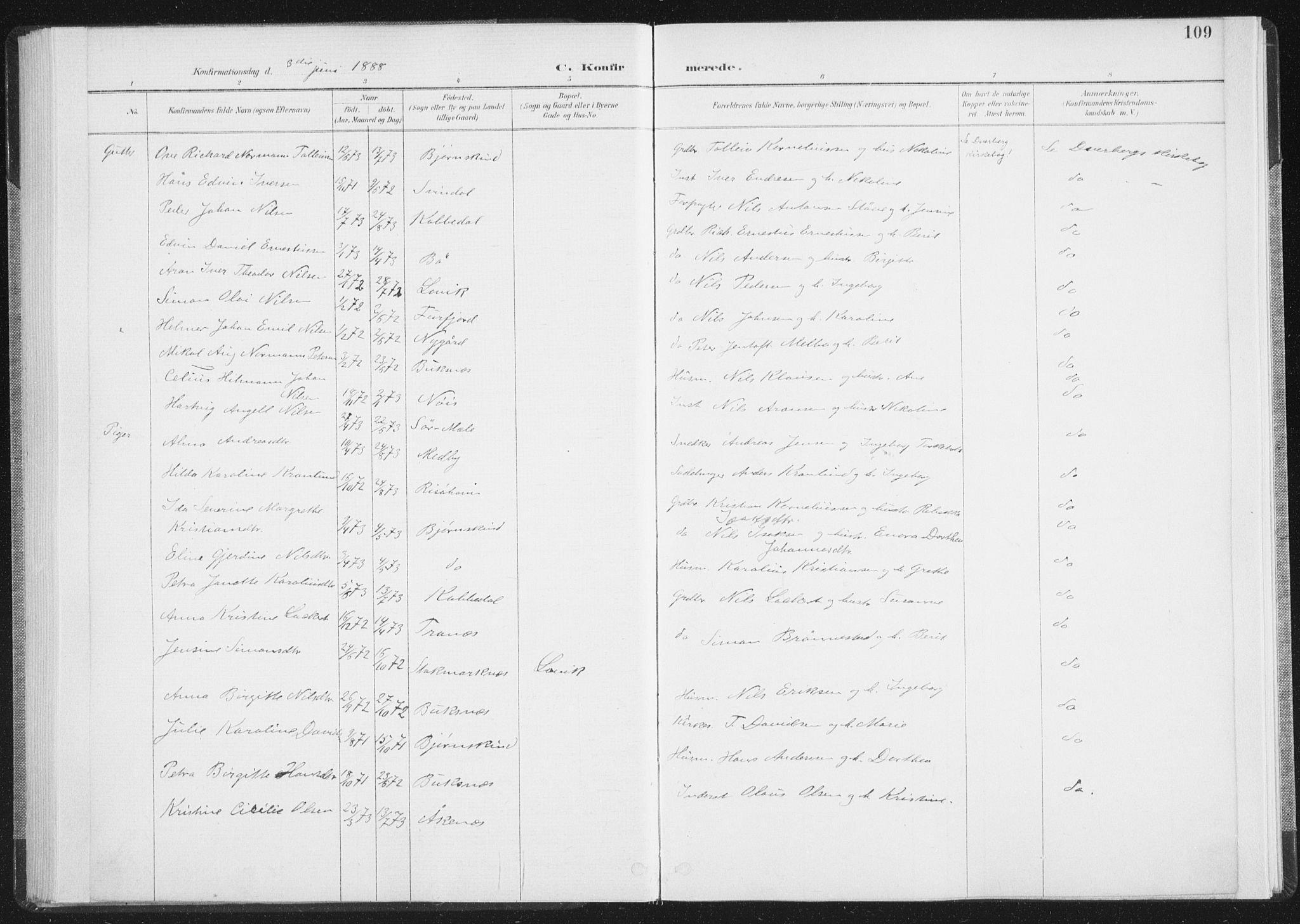 Ministerialprotokoller, klokkerbøker og fødselsregistre - Nordland, AV/SAT-A-1459/898/L1422: Parish register (official) no. 898A02, 1887-1908, p. 109