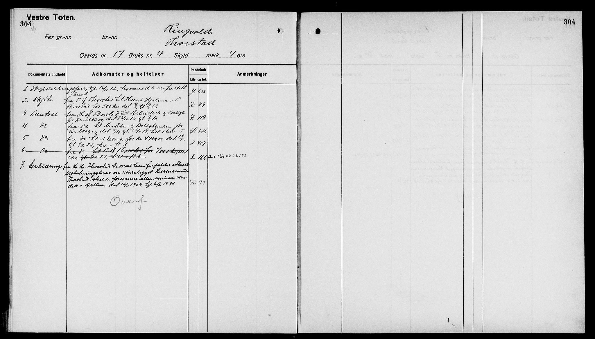 Toten tingrett, SAH/TING-006/H/Ha/Haa/L0040: Mortgage register no. 40, 1925, p. 304