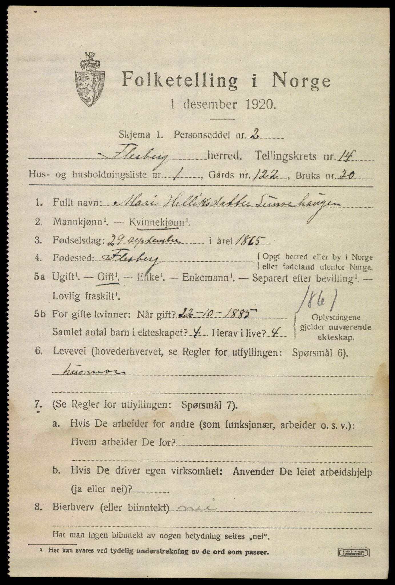 SAKO, 1920 census for Flesberg, 1920, p. 4503