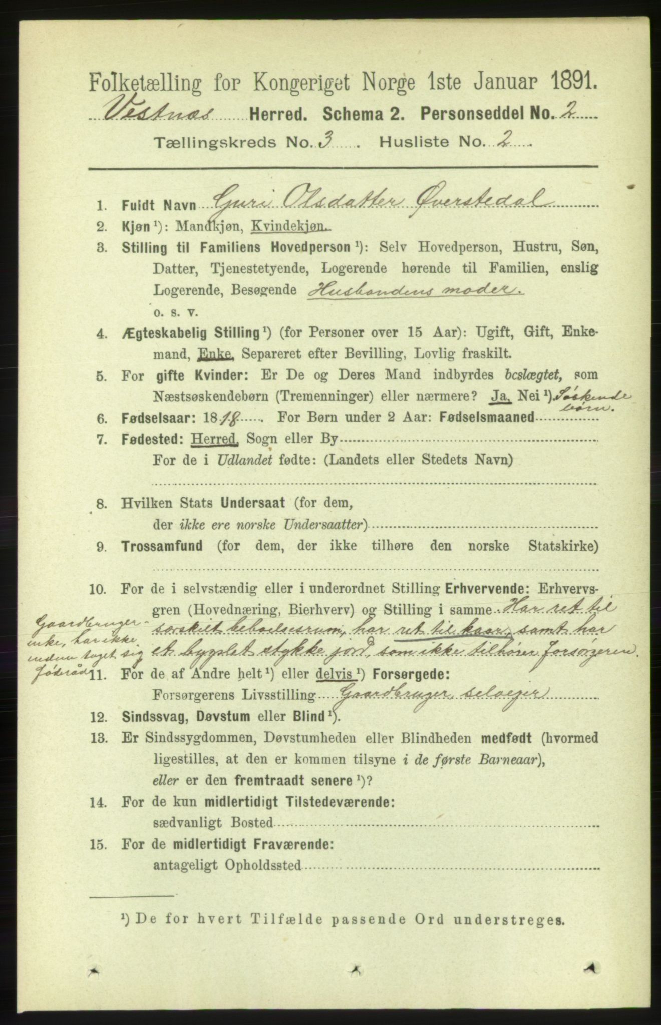 RA, 1891 census for 1535 Vestnes, 1891, p. 882