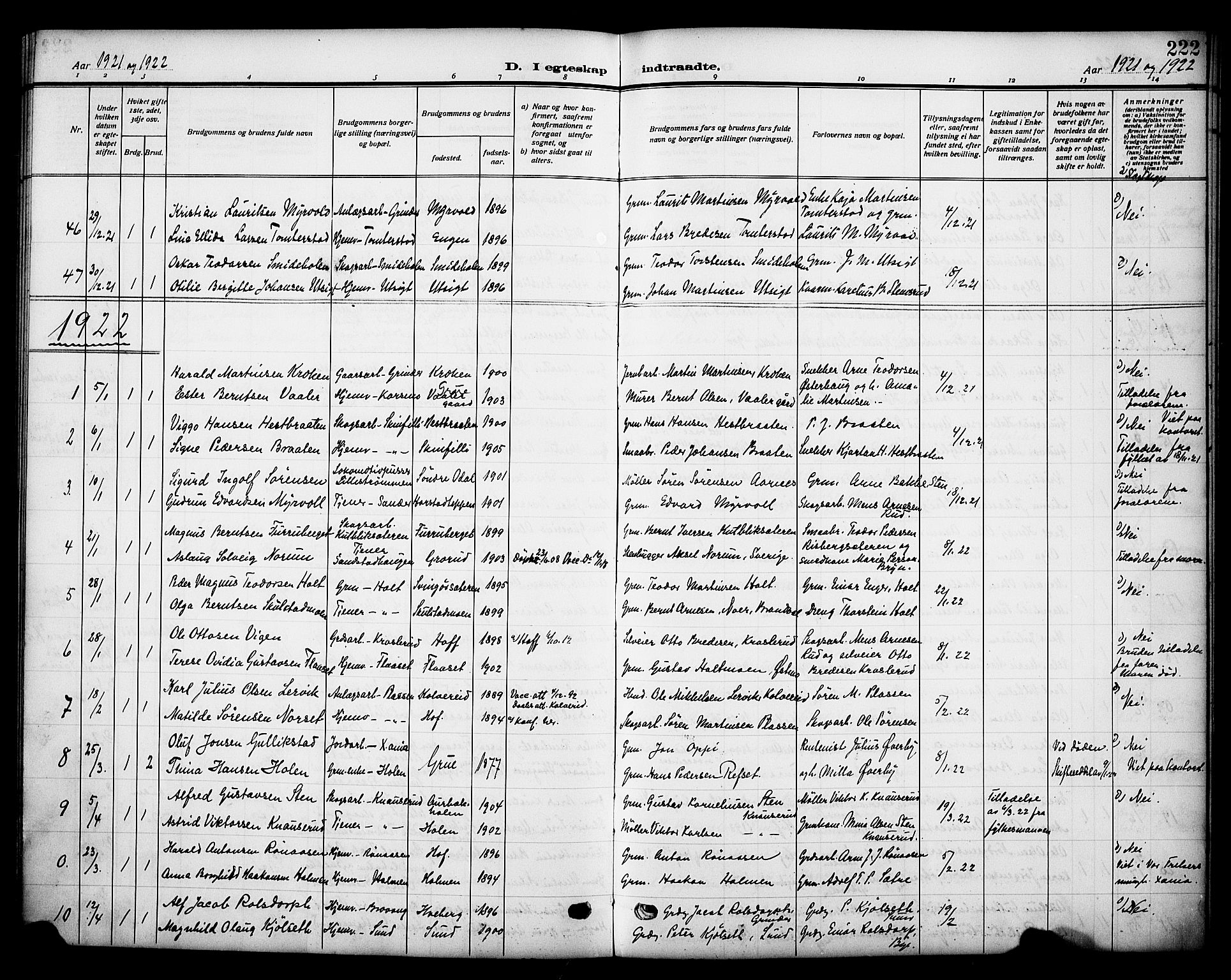 Grue prestekontor, SAH/PREST-036/H/Ha/Haa/L0015: Parish register (official) no. 15, 1911-1922, p. 222