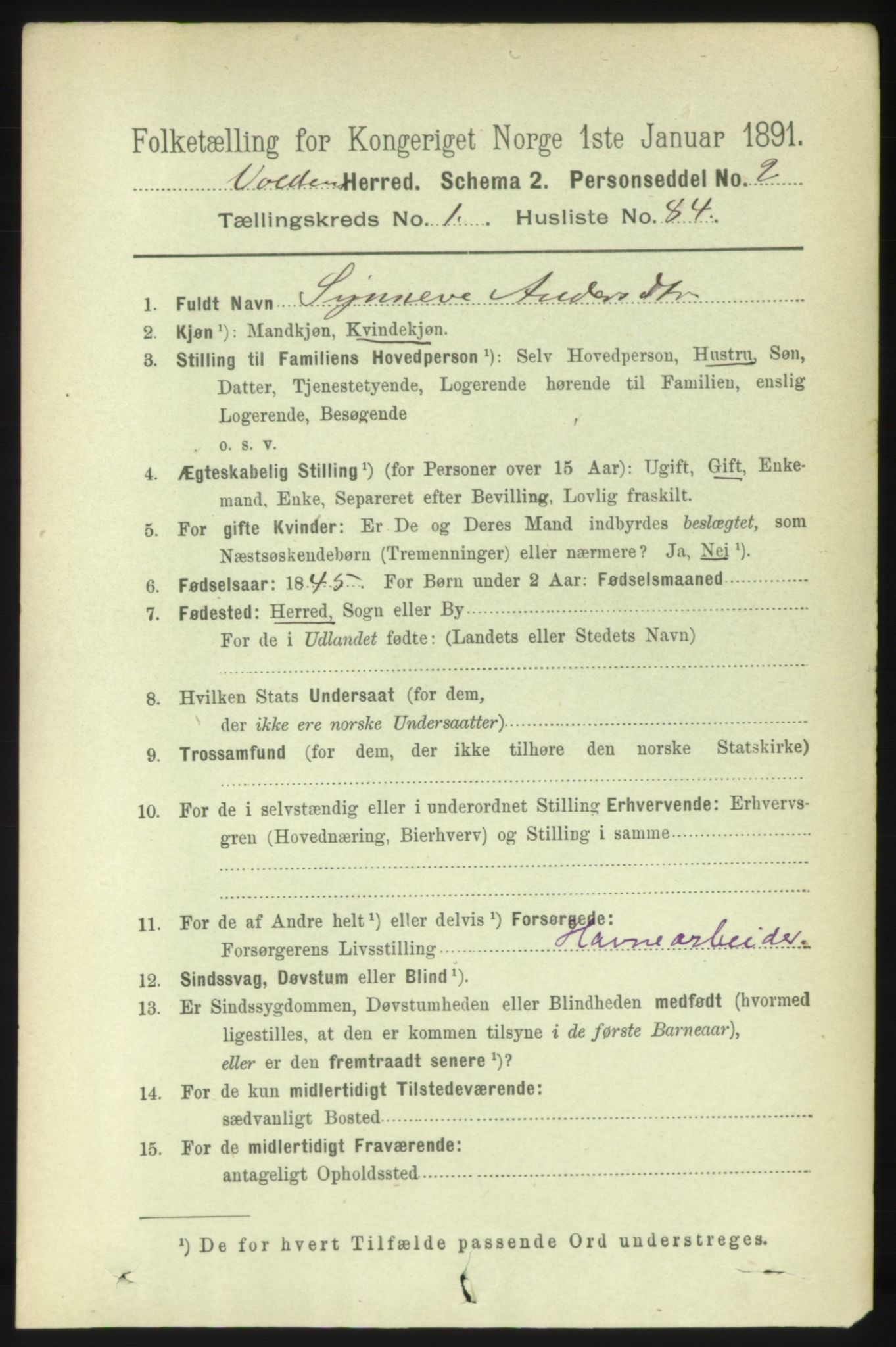 RA, 1891 census for 1519 Volda, 1891, p. 595