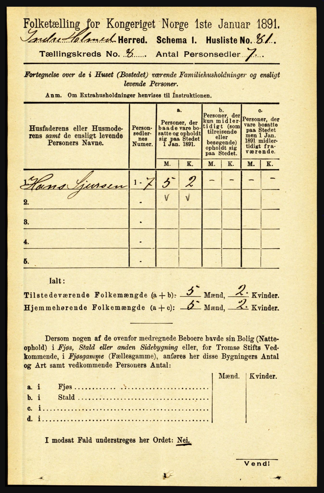 RA, 1891 census for 1430 Indre Holmedal, 1891, p. 3390