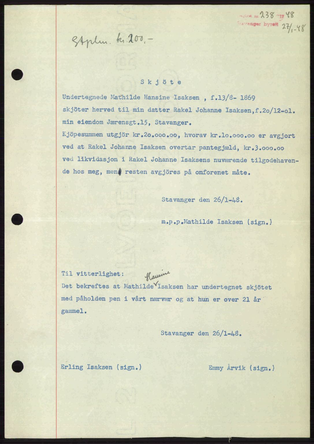 Stavanger byrett, SAST/A-100455/002/G/Gb/L0022: Mortgage book no. A11, 1947-1948, Diary no: : 238/1948