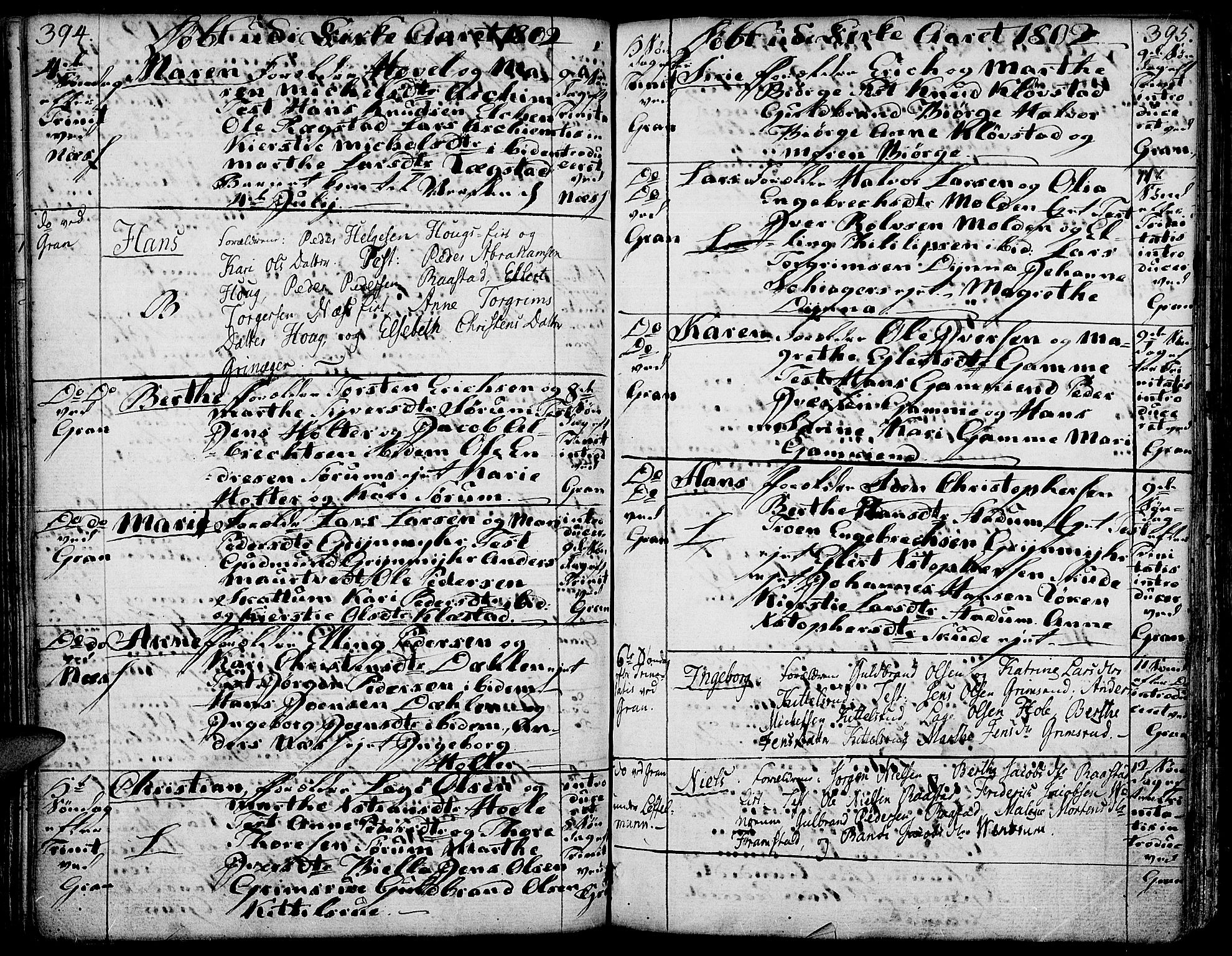 Gran prestekontor, AV/SAH-PREST-112/H/Ha/Haa/L0006: Parish register (official) no. 6, 1787-1824, p. 394-395