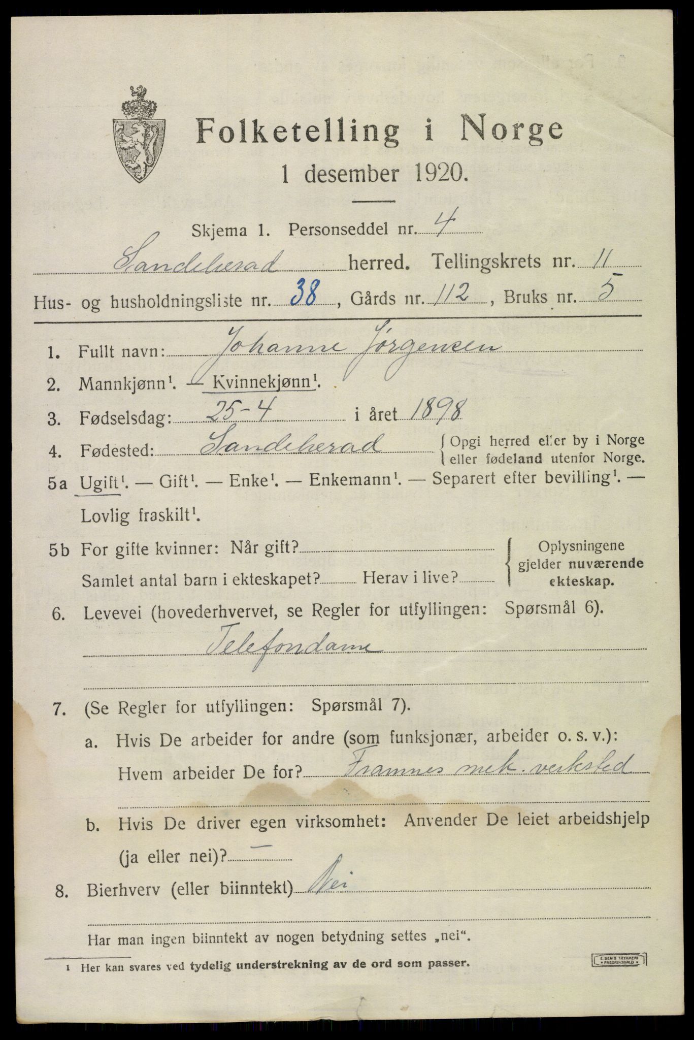 SAKO, 1920 census for Sandeherred, 1920, p. 16142